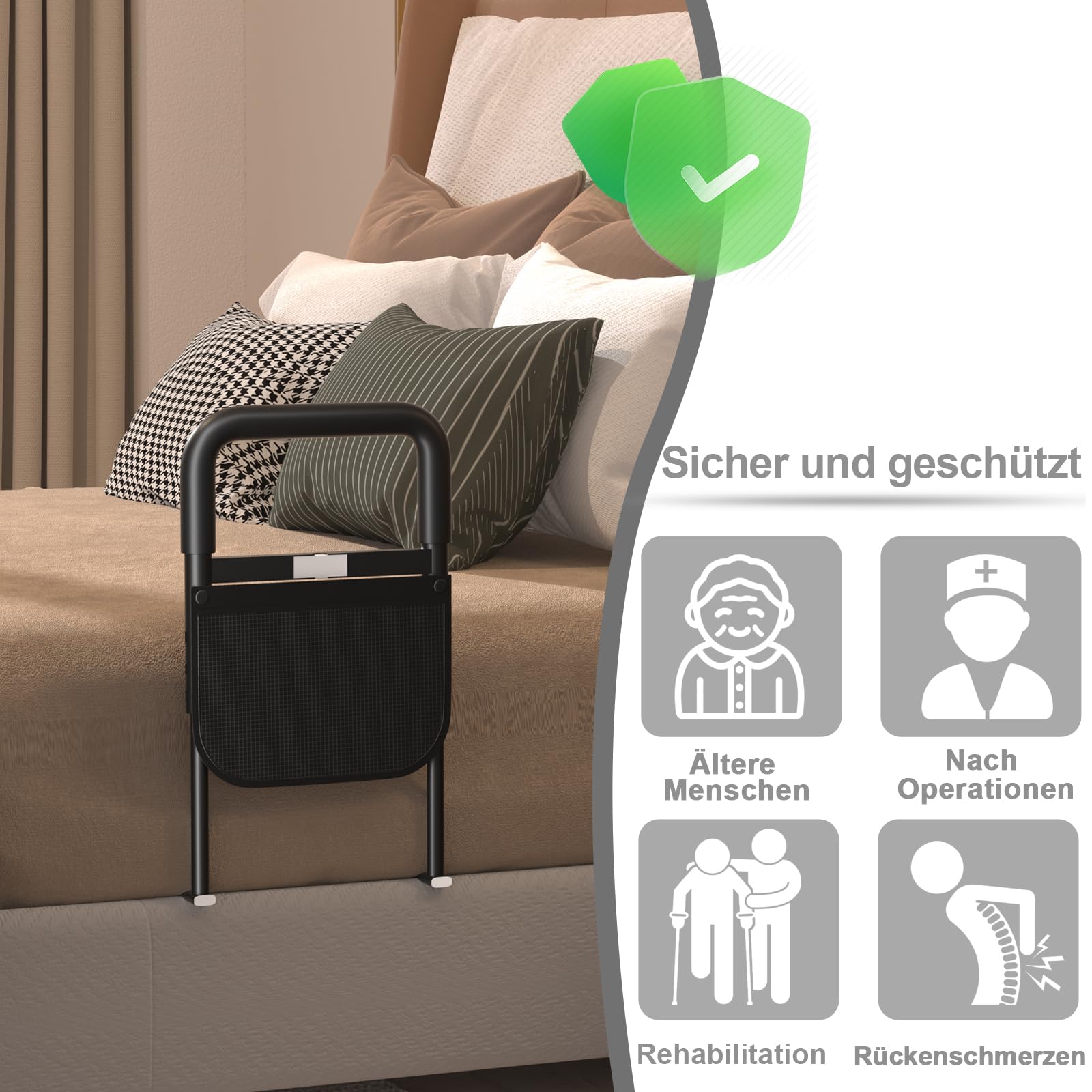 Aufstehhilfe Bett für Senioren, Höhenverstellbarer Haltegriff | Sensorlicht, rutschfester Griff, Aufbewahrungstasche und werkzeuglose Montage als Hilfe beim Aufstehen aus dem Bett
