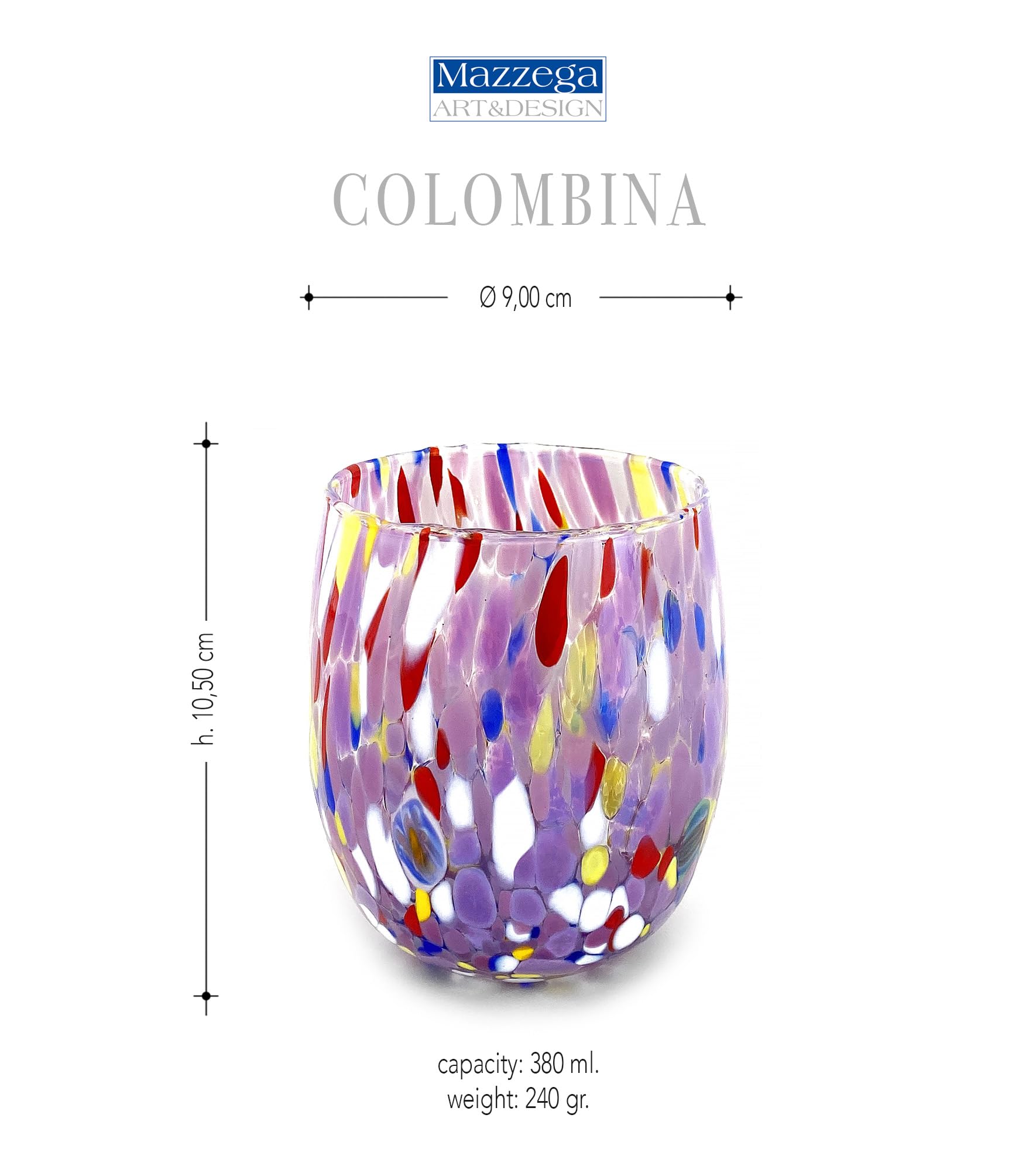 MAZZEGA ART & DESIGN - 2 x ręcznie dmuchane i oryginalne szklanki do wody Murrine Murano - kolory Murano - Columbine 435 ml. Wyprodukowano we Włoszech (fioletowy, 2)