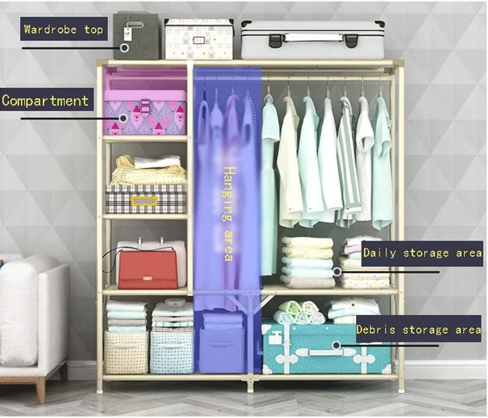 Wardrobe Closet Schrank Schranktür Mit Reißverschluss, Abnehmbarer Rahmen Für Einfaches Zusammenklappen Und Aufbewahren Closet Aufbewahrungsschrank