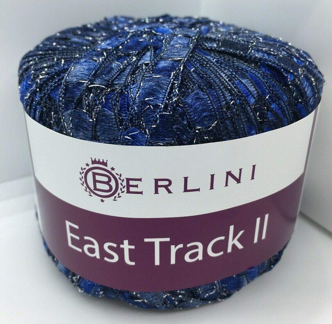 Berlini East Track II Metallic Accent Ladder Ribbon Yarn 50 Gram 98 Yards #116 Navy Blues with Silver Glitz