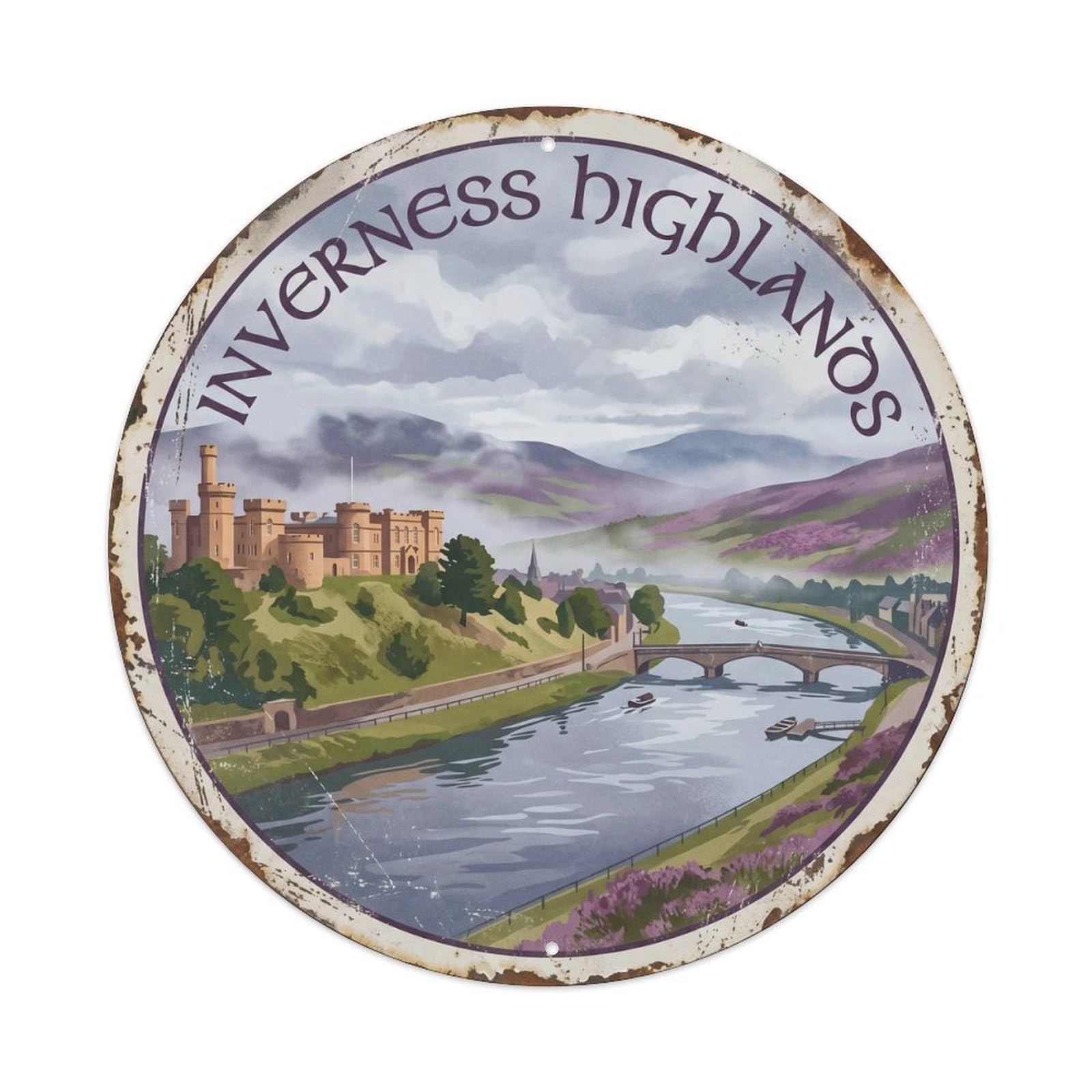 Vintage Travel Inverness Castle Highlands Metal Tin Sign Plaque Wall Decor for Cafe, Club, Garden Round Metal Poster 8x8Inch