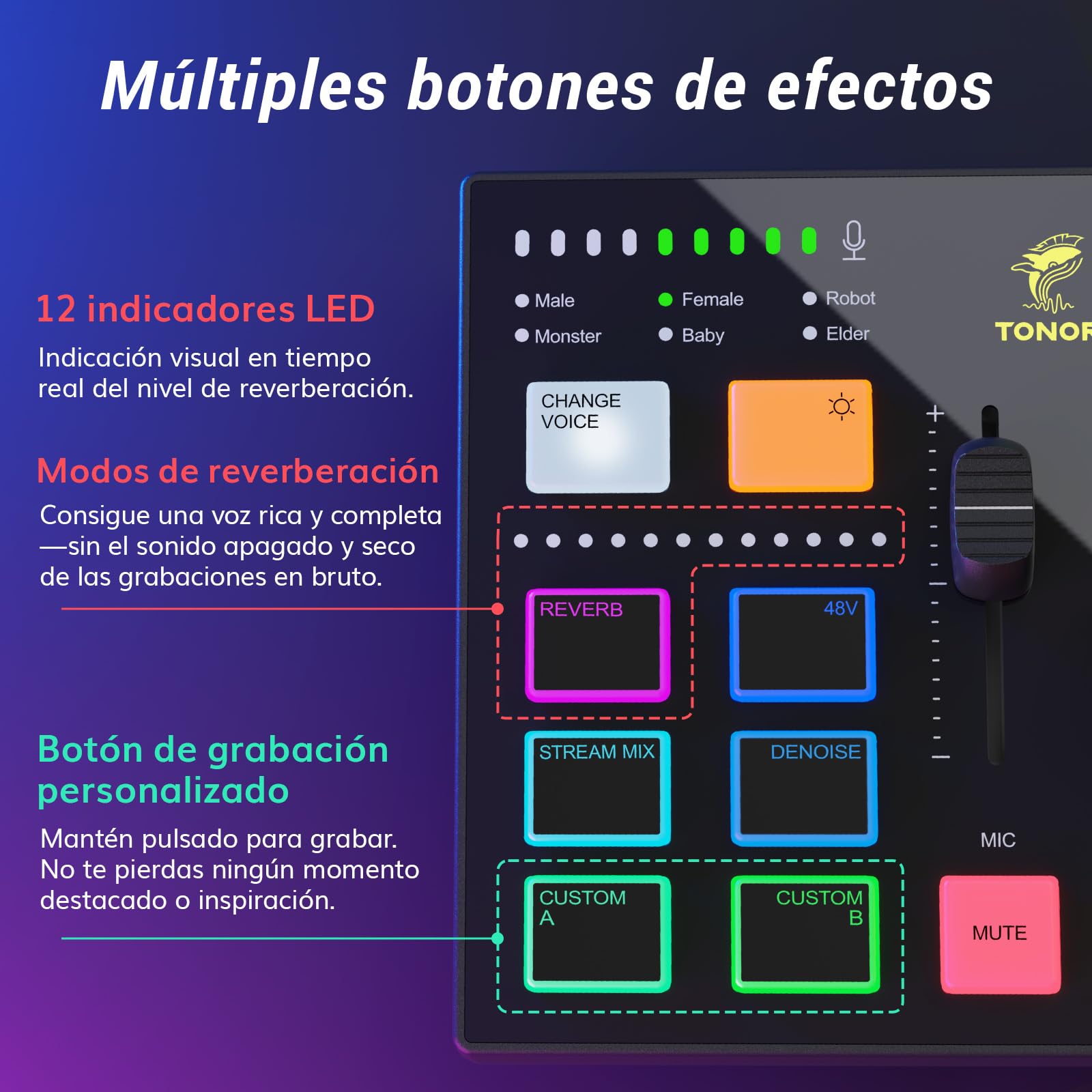 TONOR Gaming Audio Mixer PC, Mezclador RGB con Canal XLR y 6,35 mm para Streaming, Podcast, Grabación, Interfaz de Audio para TikTok, YouTube, Twitch, Control de Volumen Individual, Botón de Silencio