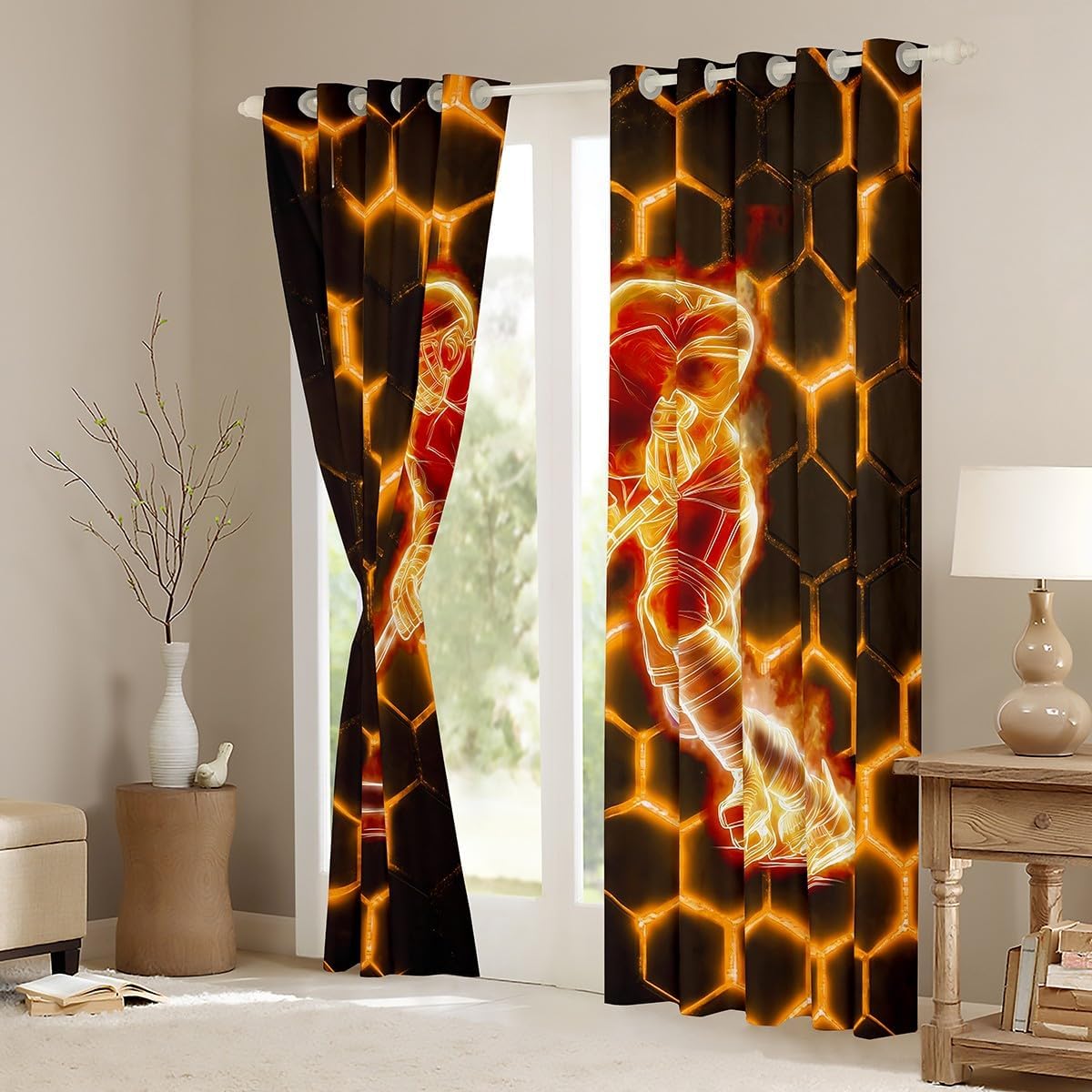 Erosebridal Ice Hockey Curtains Blackout Neon Orange 3D Honeycomb Curtains & Drapes,Pucks Gifts Sports Window Curtains for Living Room,Hexagon Beehive Window Treatments 2 Panels 42" Wx90 L