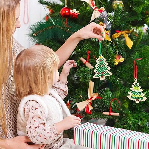 Miniatura 2 de Juego de 10 piezas de punto de cruz de madera para Navidad, adornos de madera para colgar en Navidad, decoraciones navideñas para árbol de Navidad,