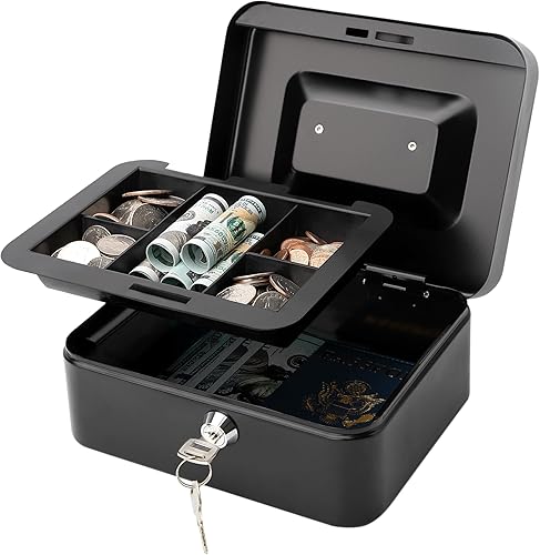 Miniatura 9 de Jssmst Caja de Efectivo Grande con Cerradura de Llave - Caja de Efectivo de Metal Duradera con Bandeja para Dinero, 11.81 x 9.84 x 3.46 pulgadas