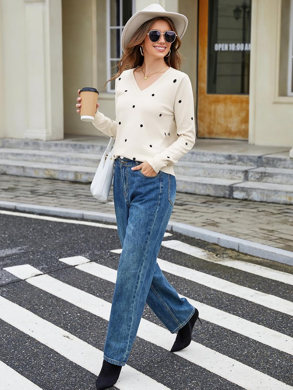 Sweaters for Women Polka Dot Top Fall V Neck Trendy Long Sleeve Casual Lightweight Cute Knit Pullover Sweaters - Image 4