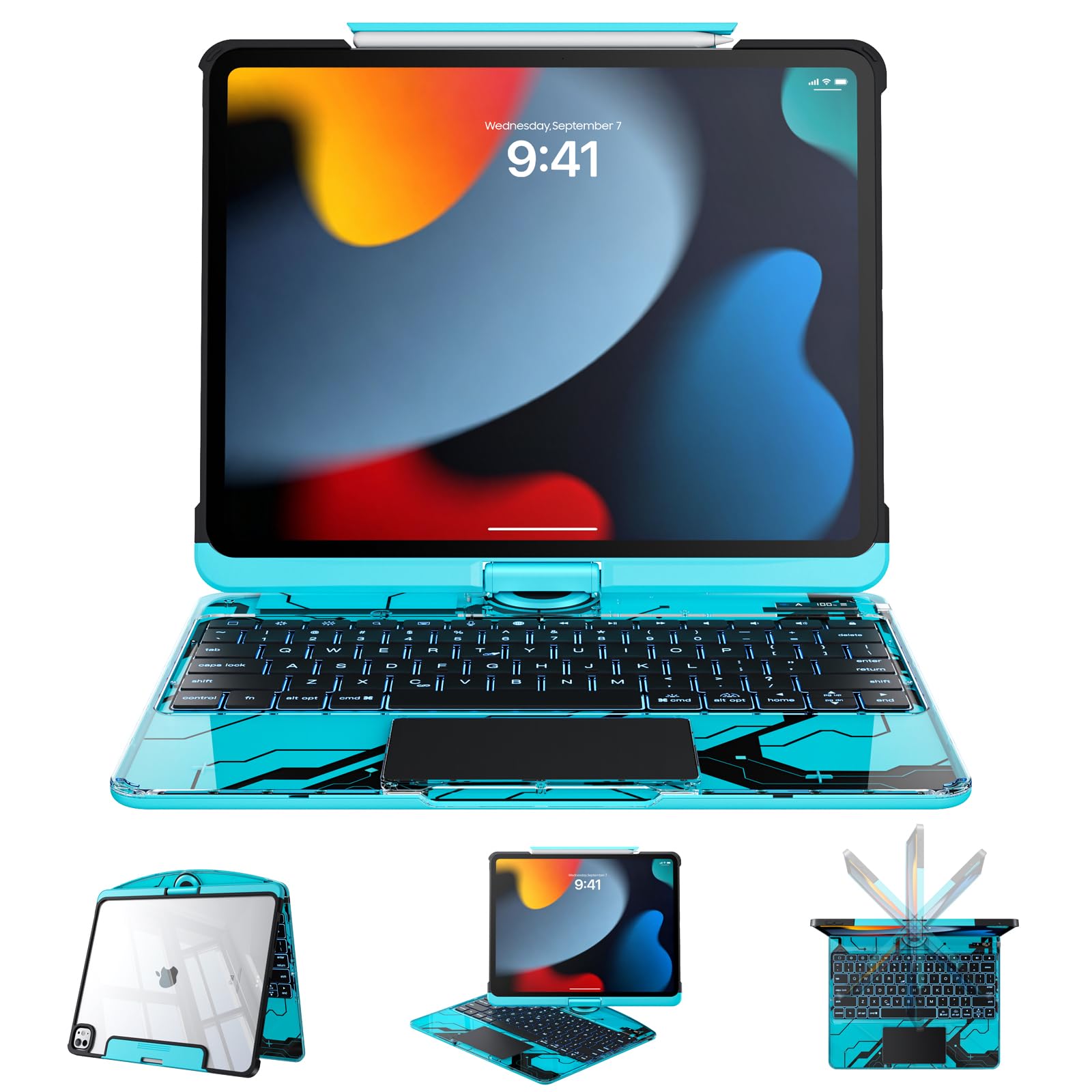Clear Case with Keyboard for iPad 9th/8th/7th Gen 10.2 Inch, 360°+180° Rotating iPad Keyboard (2021/2020/2019), LCD Display, Pencil Holder, 7-Color Backlit, Multi-Touch Trackpad, Blue
