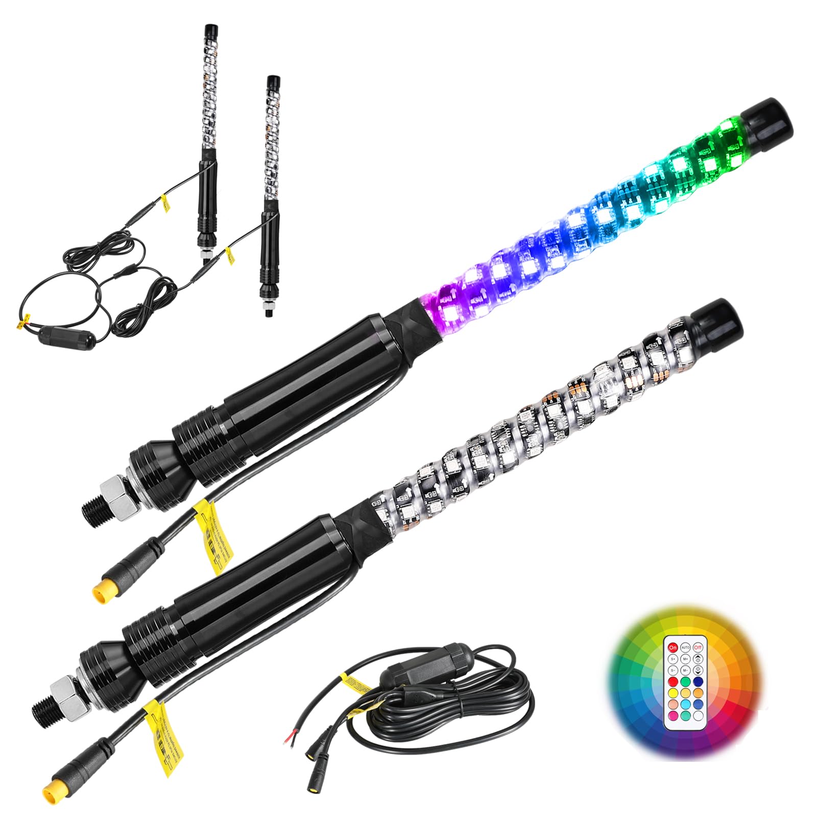 Nirider 2PCS 1ft LED Whip Lights with Flag Pole Remote Control Spiral RGB Chase Light Offroad Warning Lighted Antenna LED Whips for SXS, UTV, ATV, Off Road, Truck, Sand, Buggy Dune, RZR, Can-am, Boat