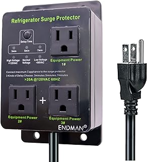 Refrigerator Surge Protector Three Outlet Voltage Protector for Home Appliances with Time Delay, Protects Against Brownout, Spike, Instant Surge All Voltage Abnormalities