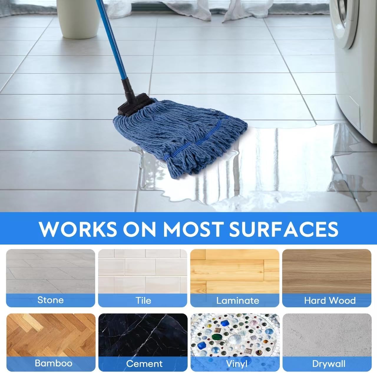 Matthew Large Heavy Duty Mop Head Commercial Replacement for General and Floor Cleaning, Screw-on Wet Industrial Cotton Looped End String Head Refill (Blue Pack of 6) w/Built-in Flexible Bristle Brush