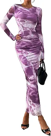PRETTYGARDEN Fall Wedding Guest Dresses for Women 2025 Long Sleeve Ruched Sexy Bodycon Floral Mesh Cocktail Party Maxi Dress
