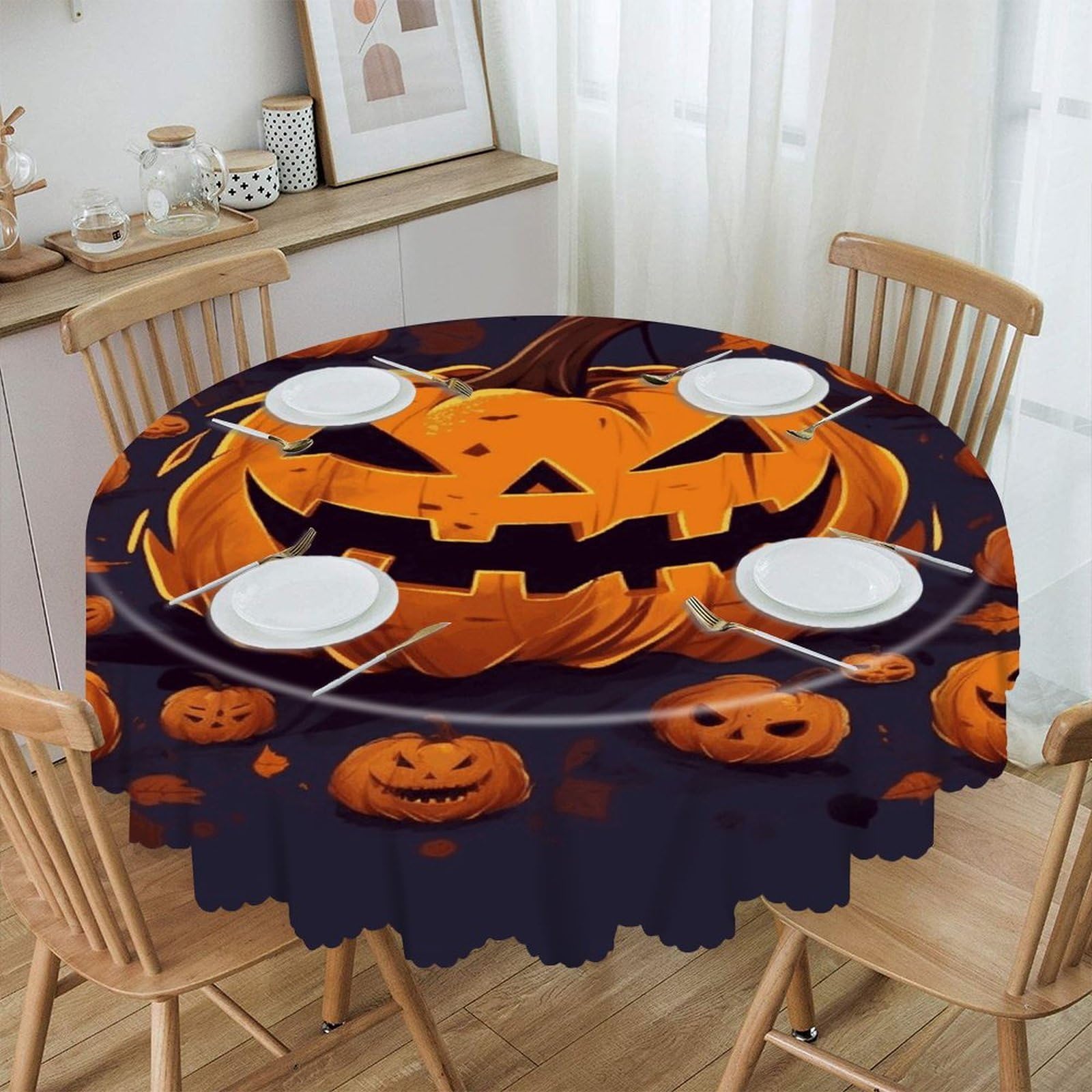 JTREHY Halloween Pumpkin Round Tablecloth 60 Inch Water Resistant Spill Proof Washable Polyester Table Cloth Wipeable Washable Table Cover for Buffet Tables Holiday Party Dinner