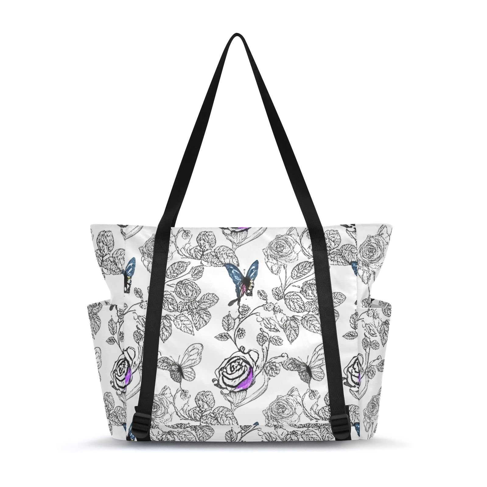 Lxqimora Roses Butterflies Dreamy White Yoga Mat Bag for Women Water-Resistant Gym Bag with Yoga Mat Holder Tote Bag for Gym Pilates Travel Yoga