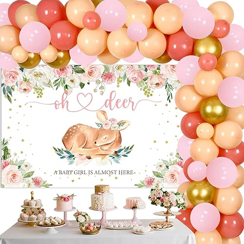 Decoraciones de ciervos para baby shower para niña, kit de arco de guirnalda de globos de ciervo con telón de fondo rosa para cervatillo, animales,