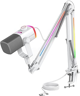 FIFINE Streaming Microphone Kit for Gaming, XLR/USB Dynamic Mic with RGB Boom Arm Stand for Podcast Vocal, PC Microphone with Mute Tap, 3-in-1 Volume Knob, Audio Balance-AmpliGame AM8PROT White