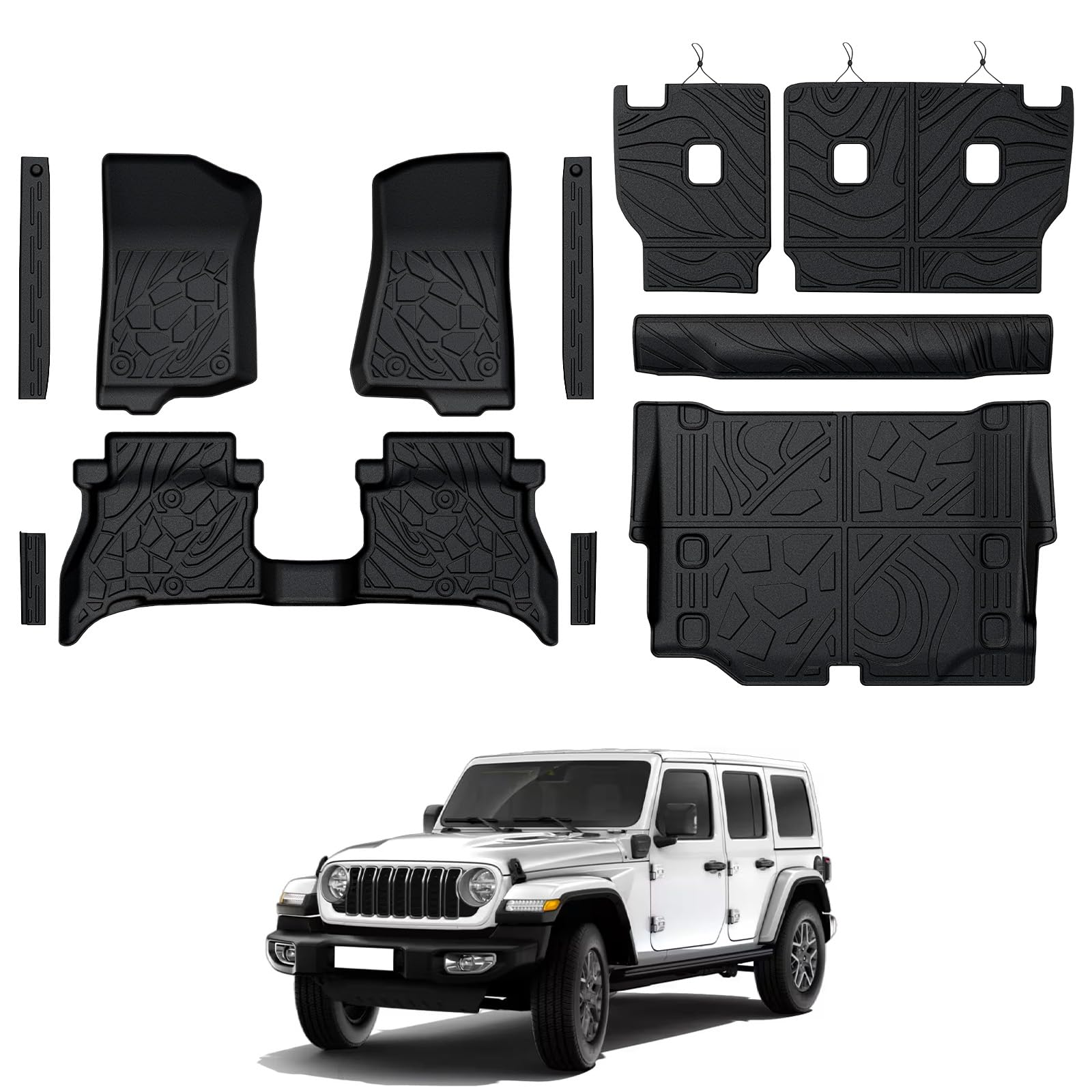 Floor Mats for Jeep Wrangler JL 4XE 4-Door 2021-2025, All Weather Floor Mats Trunk Cargo Liner with Backrest Protectors and Door Sill Guards Accessories, Full Coverage Set