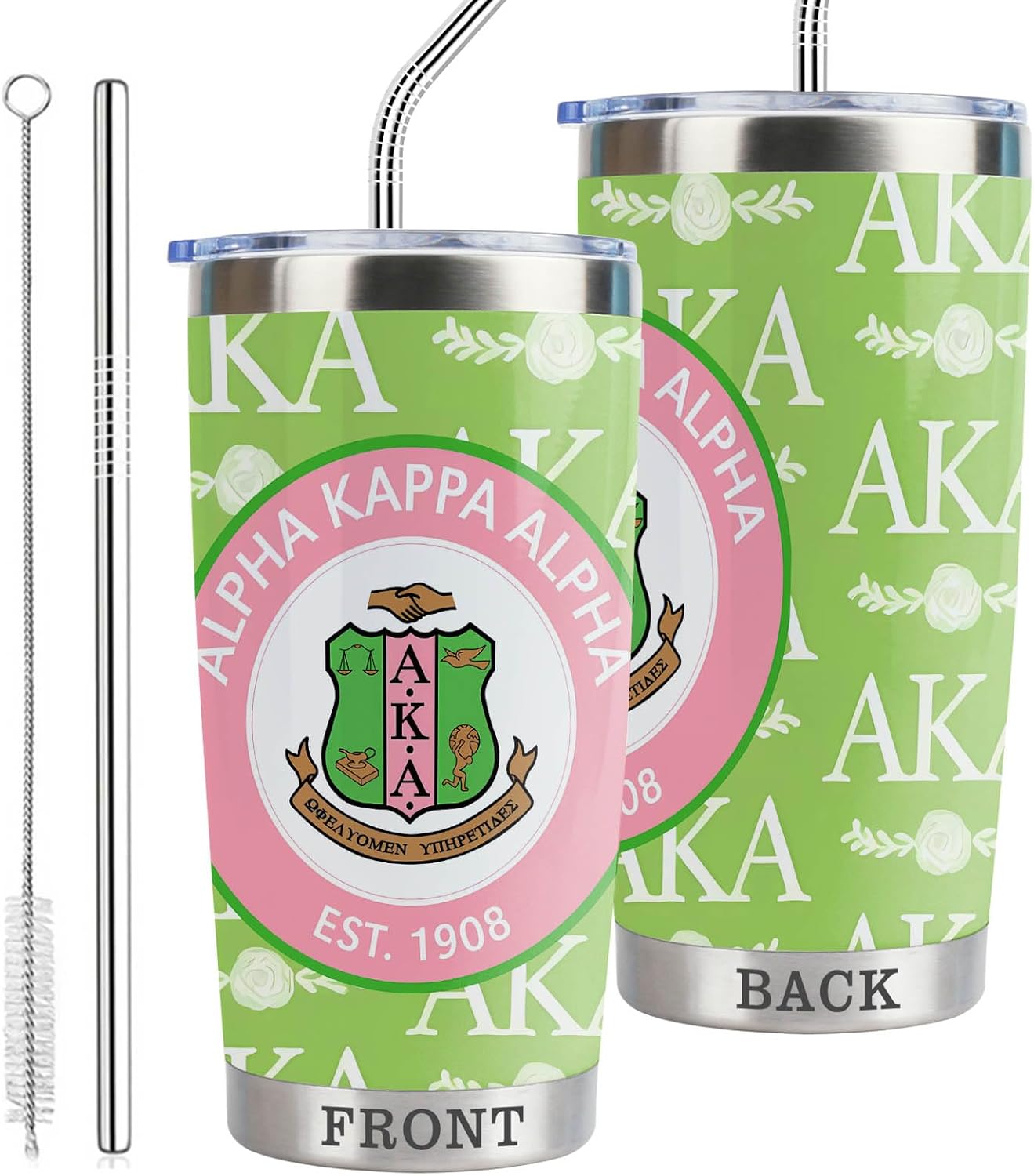 AKA Sorority Gifts for Women Paraphernalia Sorority Sisterhood 20oz Stainless Steel Tumbler with Lid and Straw 1908 Double Wall Vacuum Insulated Tumbler (Sorority-Green A-KA)