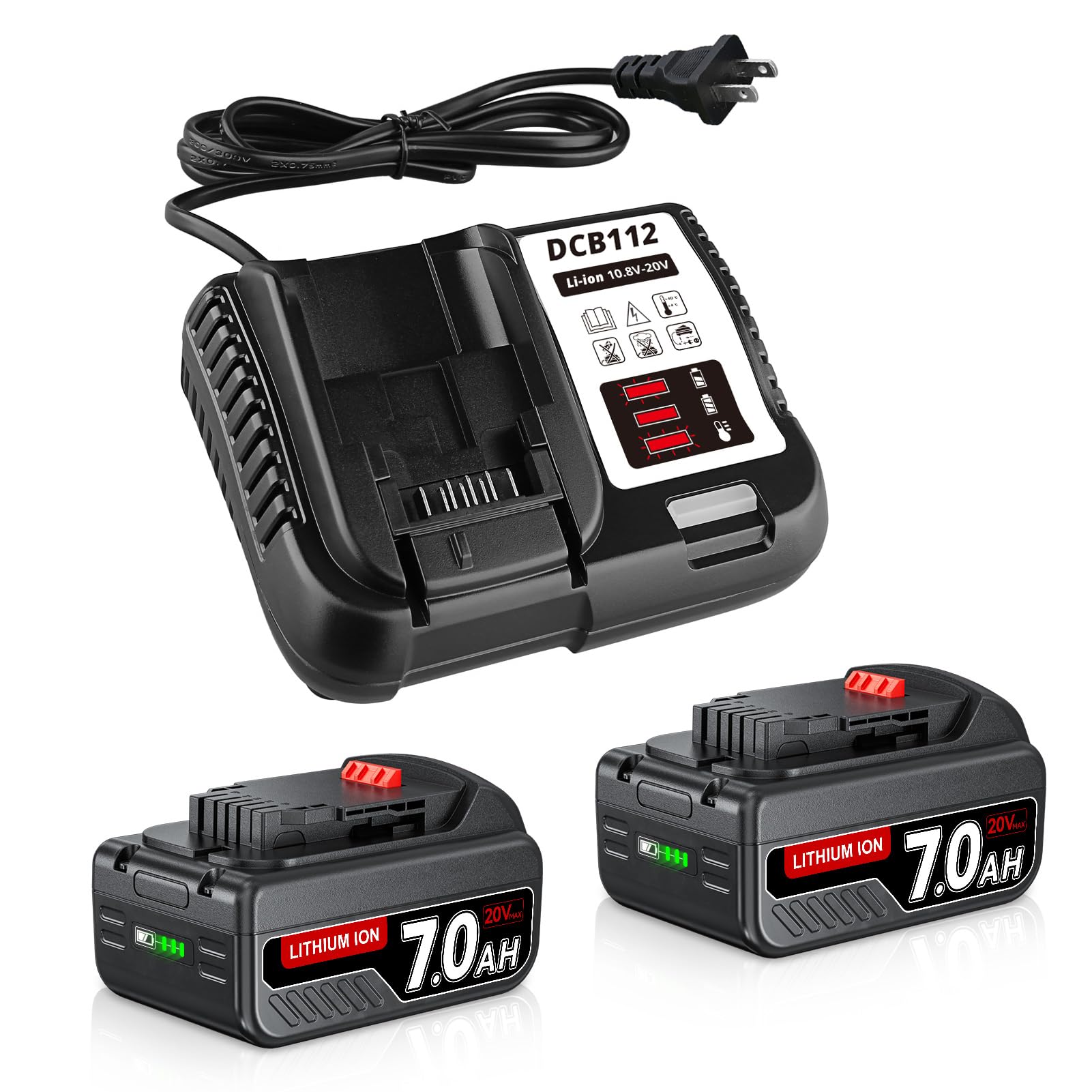 2Pack 7.0Ah 20Volt DCB200 Li-ion Batteries Replacement for Dewalt 20V Battery and DCB112 Charger Compatible with Dewalt 20V Max Cordless Tools DCB204 DCB206 DCB201 DCB207 DCD/DCF/DCG Series