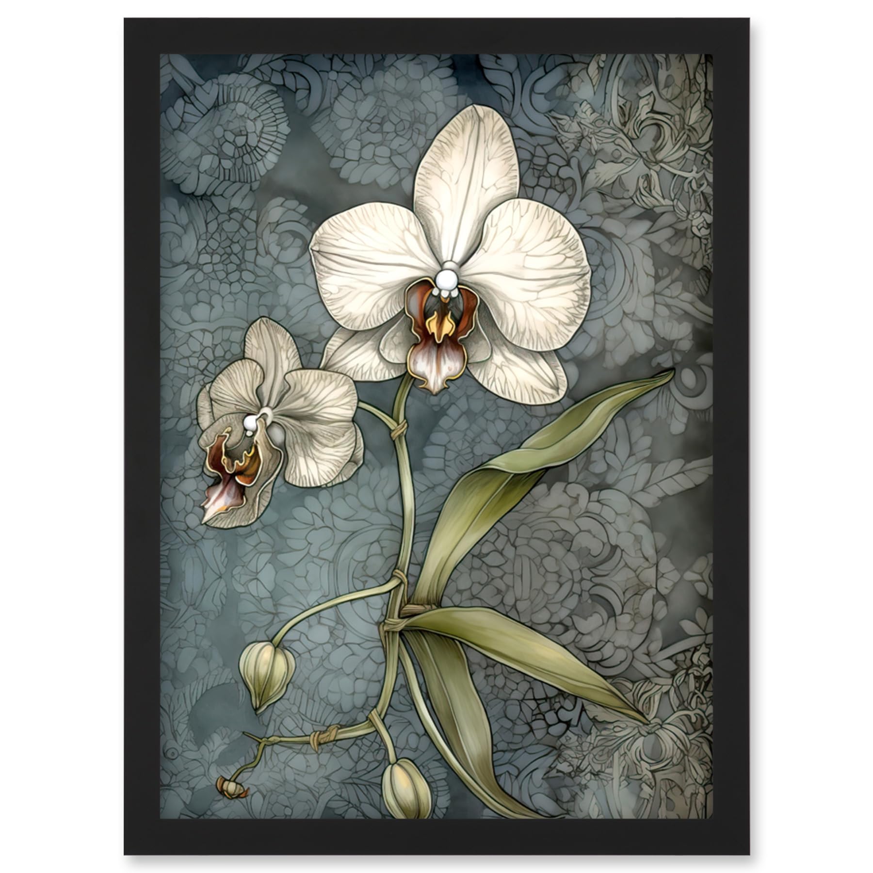 Artery8 Orchid Flower Blooms Pastel Colour Art Nouveau Artwork Framed Wall Art Print A4