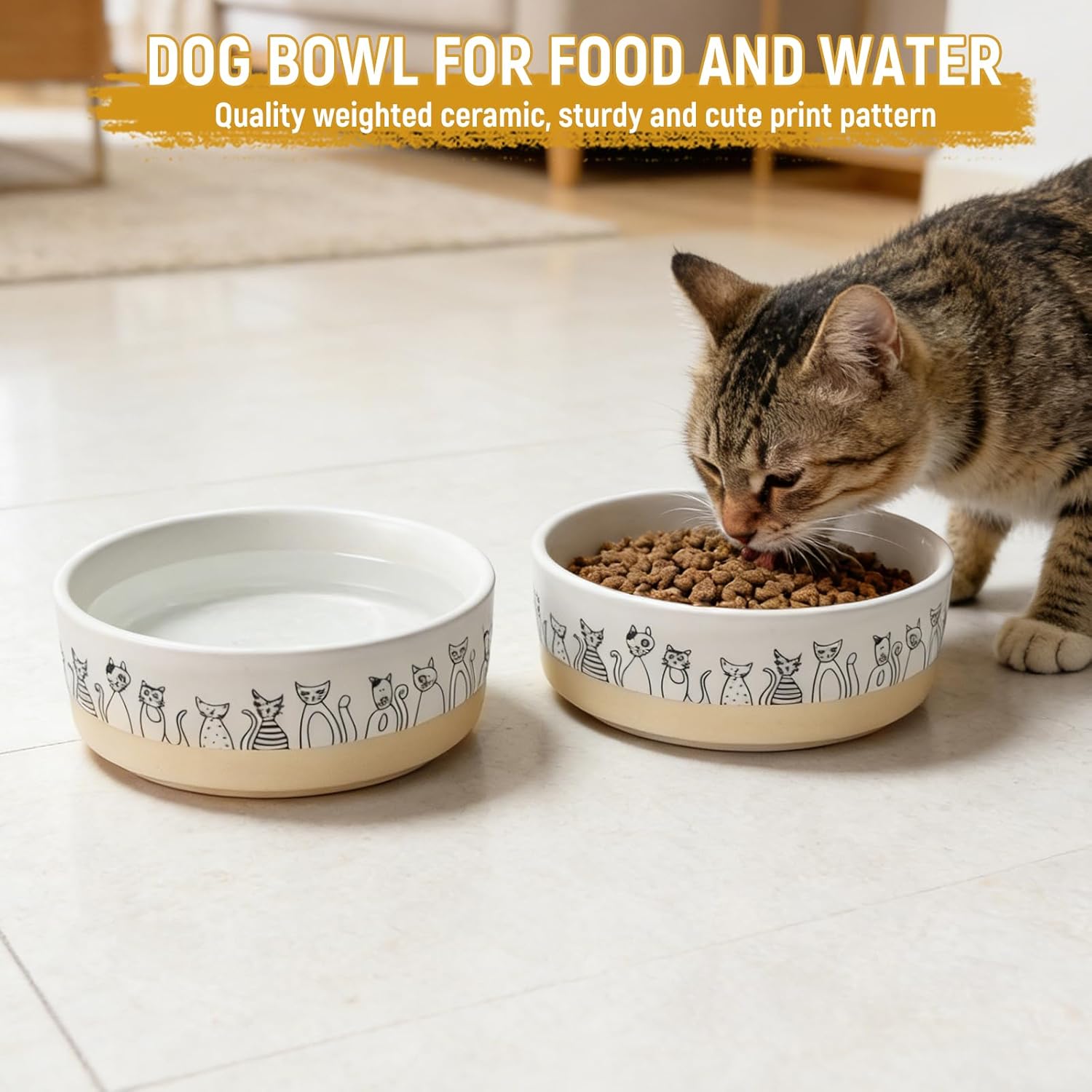 Elevated Ceramic Cat Bowls with Wooden Stand，6.1inch Raised Cat Bowls with Cute Pattern for Small and Medium Breed Dogs,2 Pack Cats Food and Water Bowl Set,Weighted Pet Dishes Dishwasher Safe