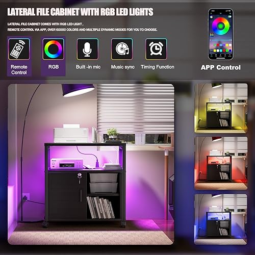 Miniatura 5 de Unikito Archivador lateral con tomas de corriente y puertos de carga USB, soporte de impresora móvil con almacenamiento, gabinete de oficina para