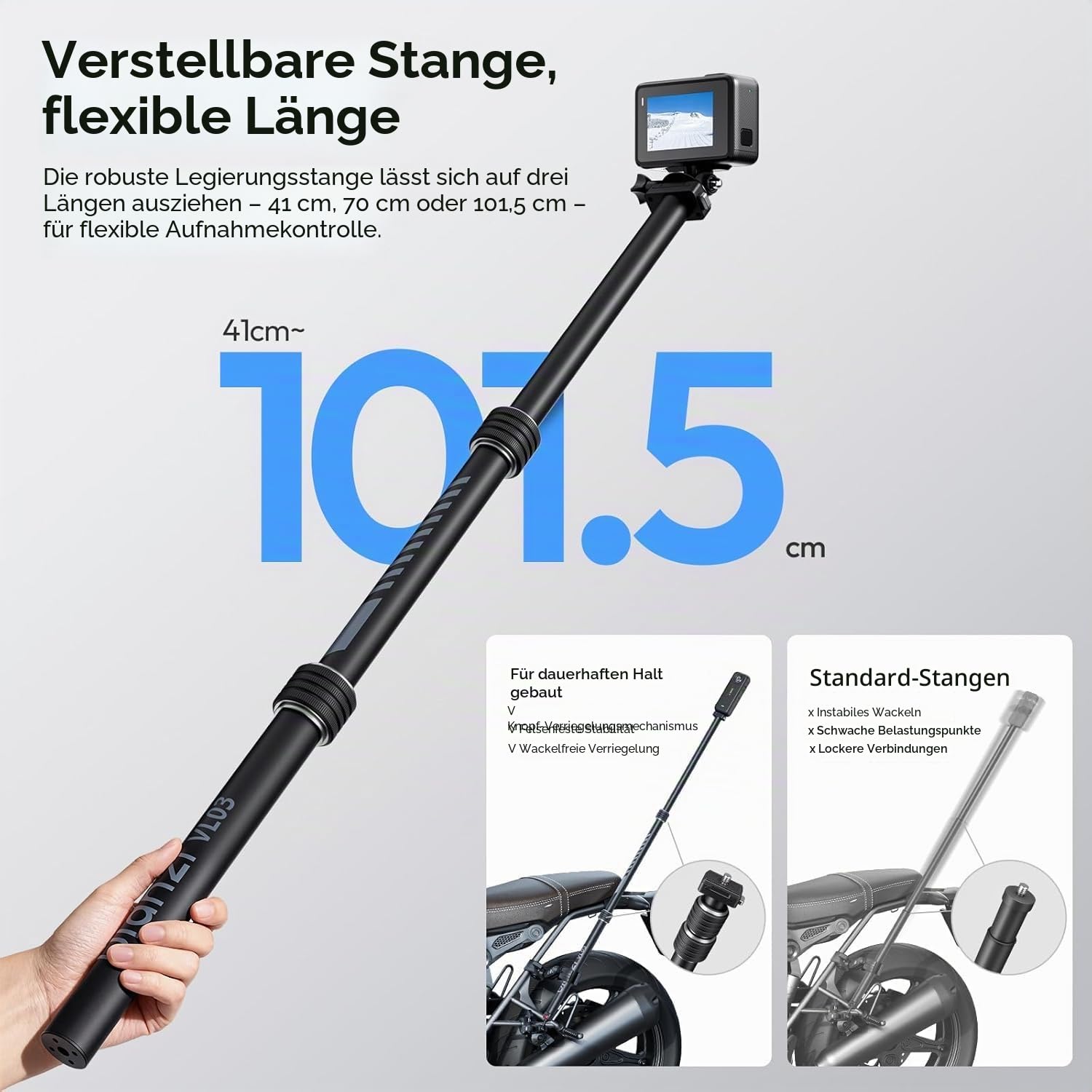 ULANZI VL03 Motorrad Halterung für Insta360 X5 X4 X3/DJI Osmo 360 mit Schnellverschluss, 40in Verlängerungsstangen-Klemmhalterung für GoPro DJI Insta360 Action-Kamera