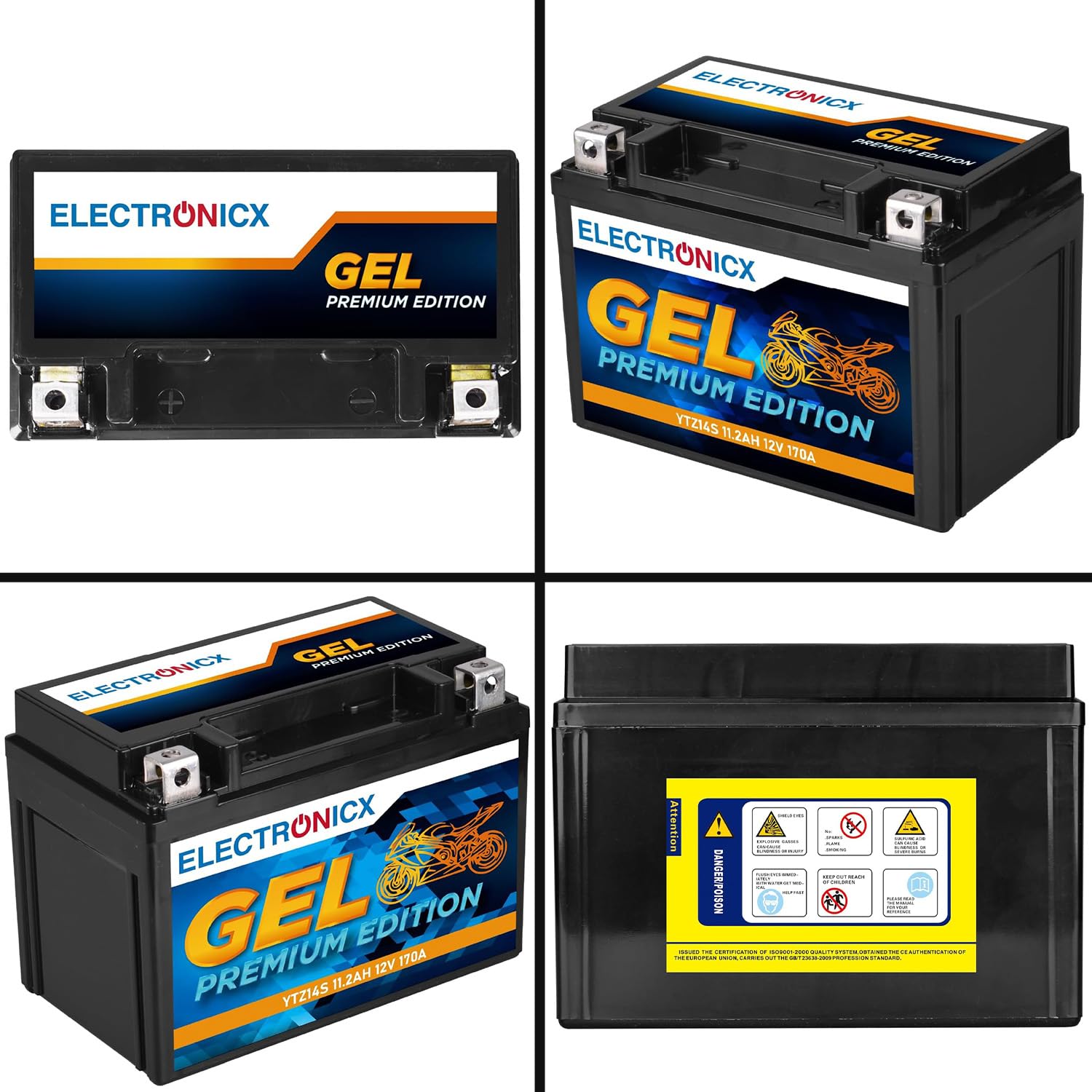 Electronicx YTZ14S GEL Batteria Moto 12V 11,2Ah 170A – Starter sigillato, senza manutenzione – Compatta, resistente a vibrazioni, anti-perdita – per moto, scooter, quad, powersport – pronta all’uso