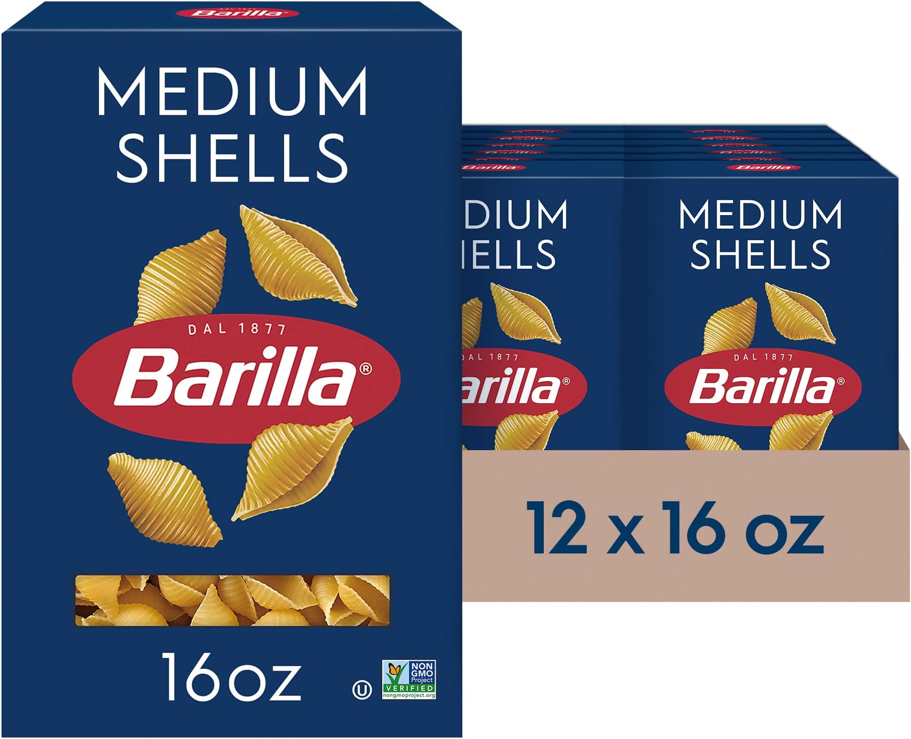 Medium Shells Pasta, 16 oz. Box (Pack of 12) - Non-GMO, Made with Durum Wheat Semolina - Kosher Certified