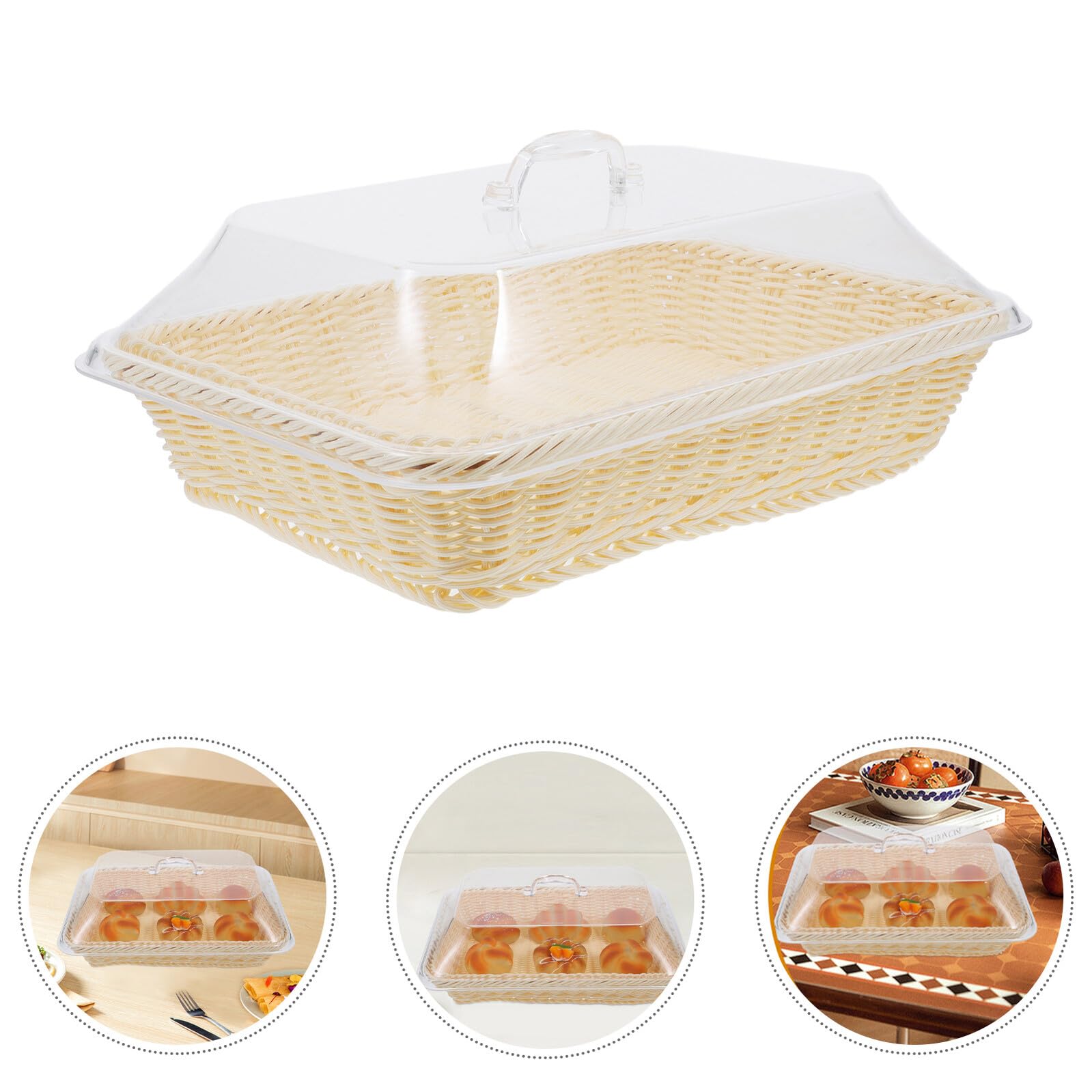 Cabilock Cesta Rectangular de Pan Mano con Tapa Acrílica Cesta de Cocina para Almacenamiento y Picnic Imitación Ratán Beige para Servir Frutas y Alimentos