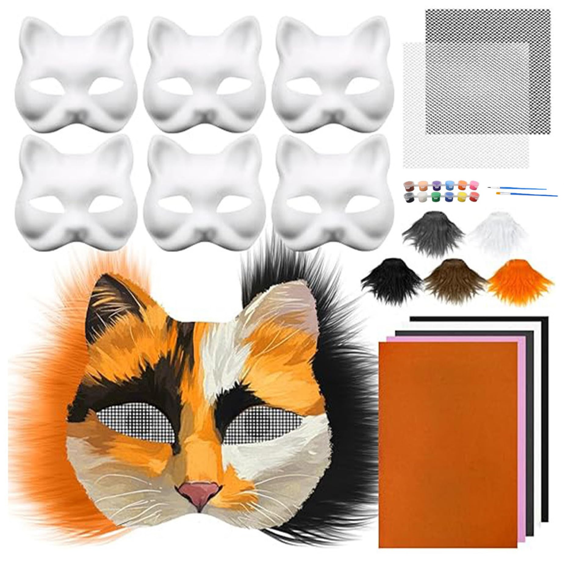 Comebachome Therian Mask Kit, 6pcs Blank Cat Masks with Faux Furr, Mesh Sheets, Felt Fabric, 12-Color Piants & Brushes for Halloween