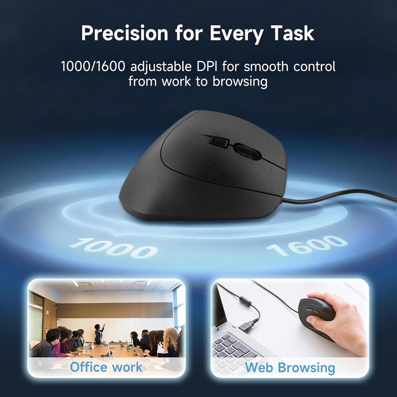 SANWA Wired Ergonomic Mouse, Silent Click, Vertical Computer Mice, 3 Programmable Buttons, Optical Ergo Mouse, Reduce Wrist Strain, 1000/1600 DPI, Compatible wtih Mac, Windows, Laptop, PC