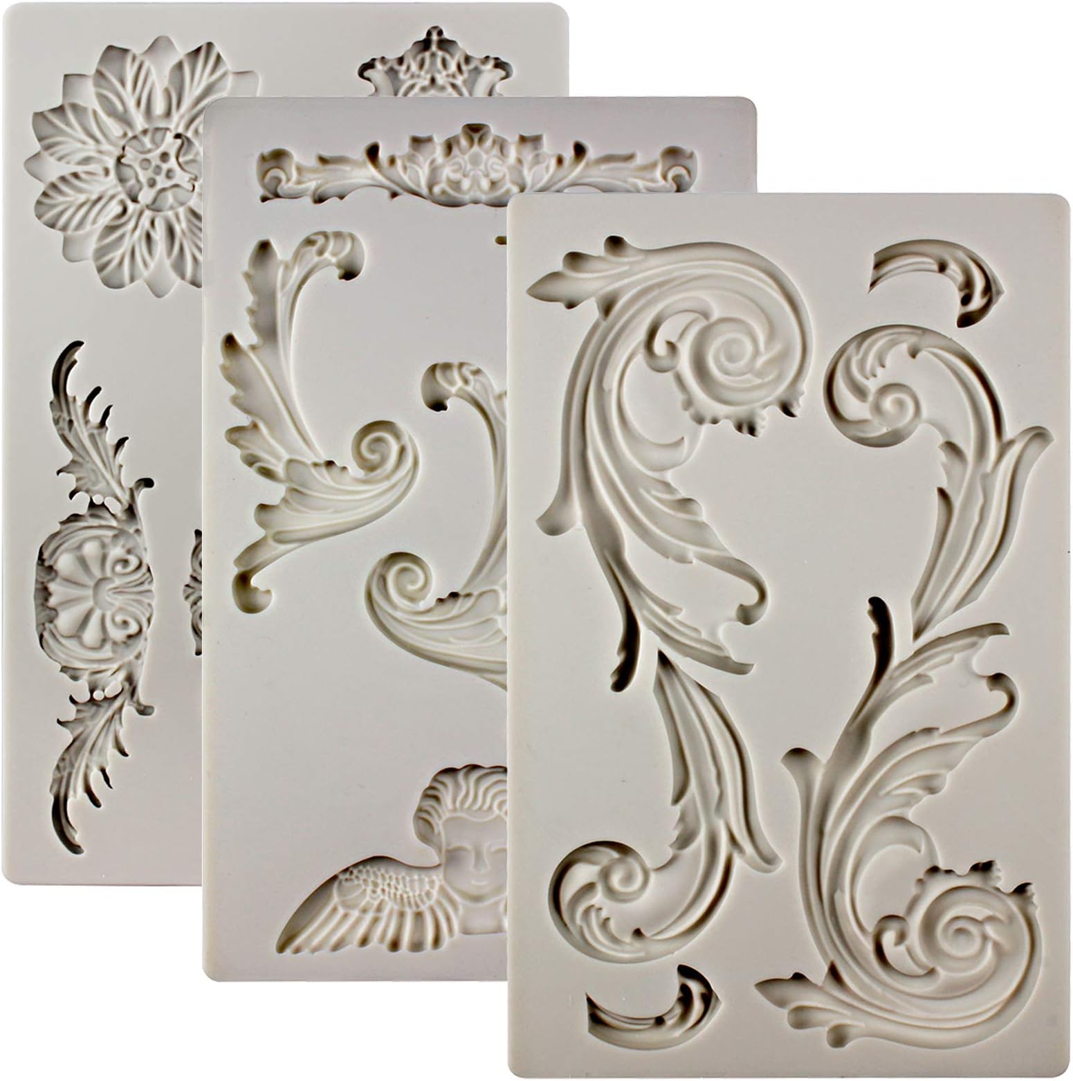 Musykrafties Vintage Baroque Style Ornament Curlicues Silicone Moulds 3-Count Cherub Birdbath Scrollworks Art Deco Inspired Lace