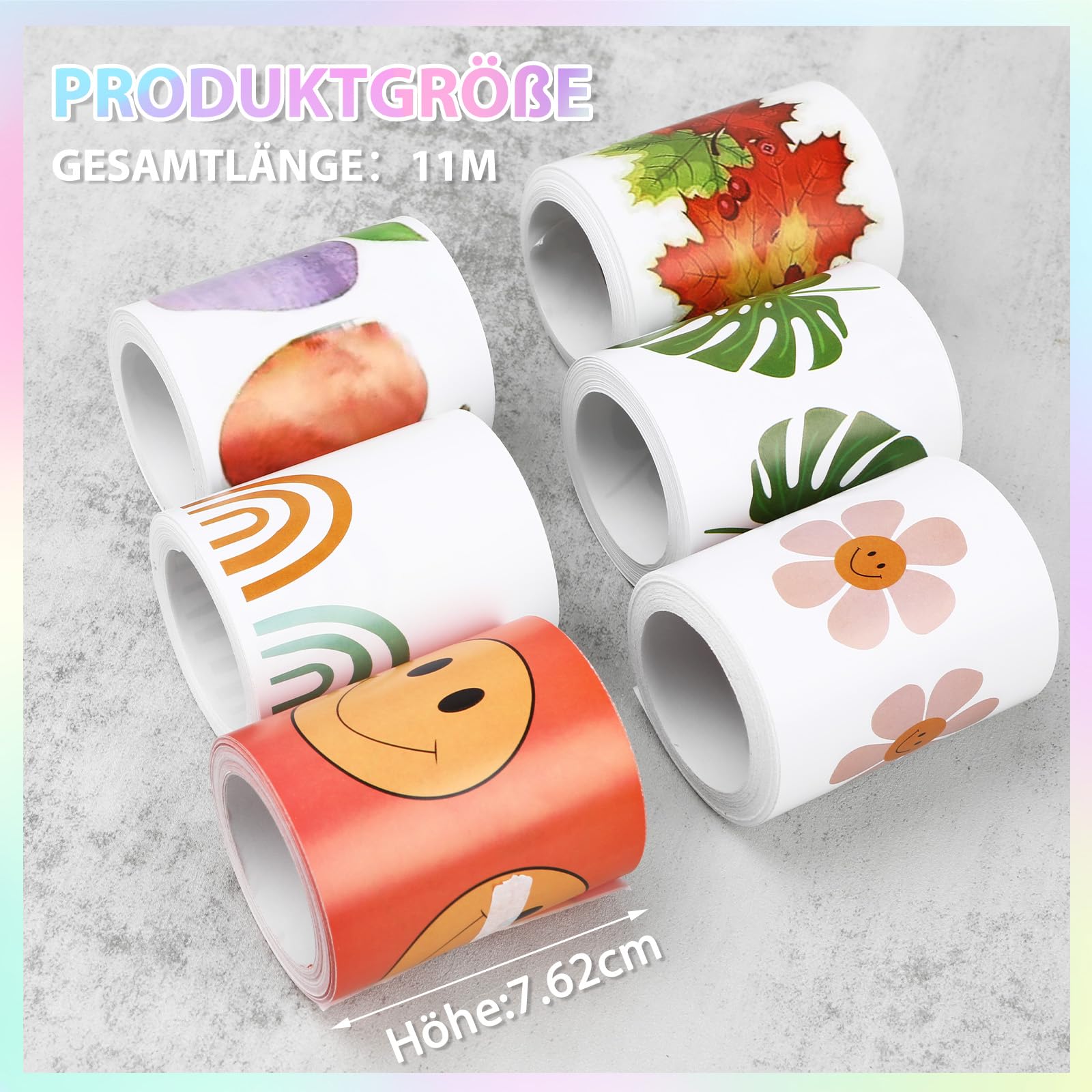 6 Rollen 66 m Pinnwandbordüren Aufkleber, Pflanzen Apfel Smiley Blumen-Pinnwand-Rand 6 Designs für Klassenzimmer, Tür, Fenster, Tafel, Whiteboard, Wand, Babyparty oder andere Partydekoration