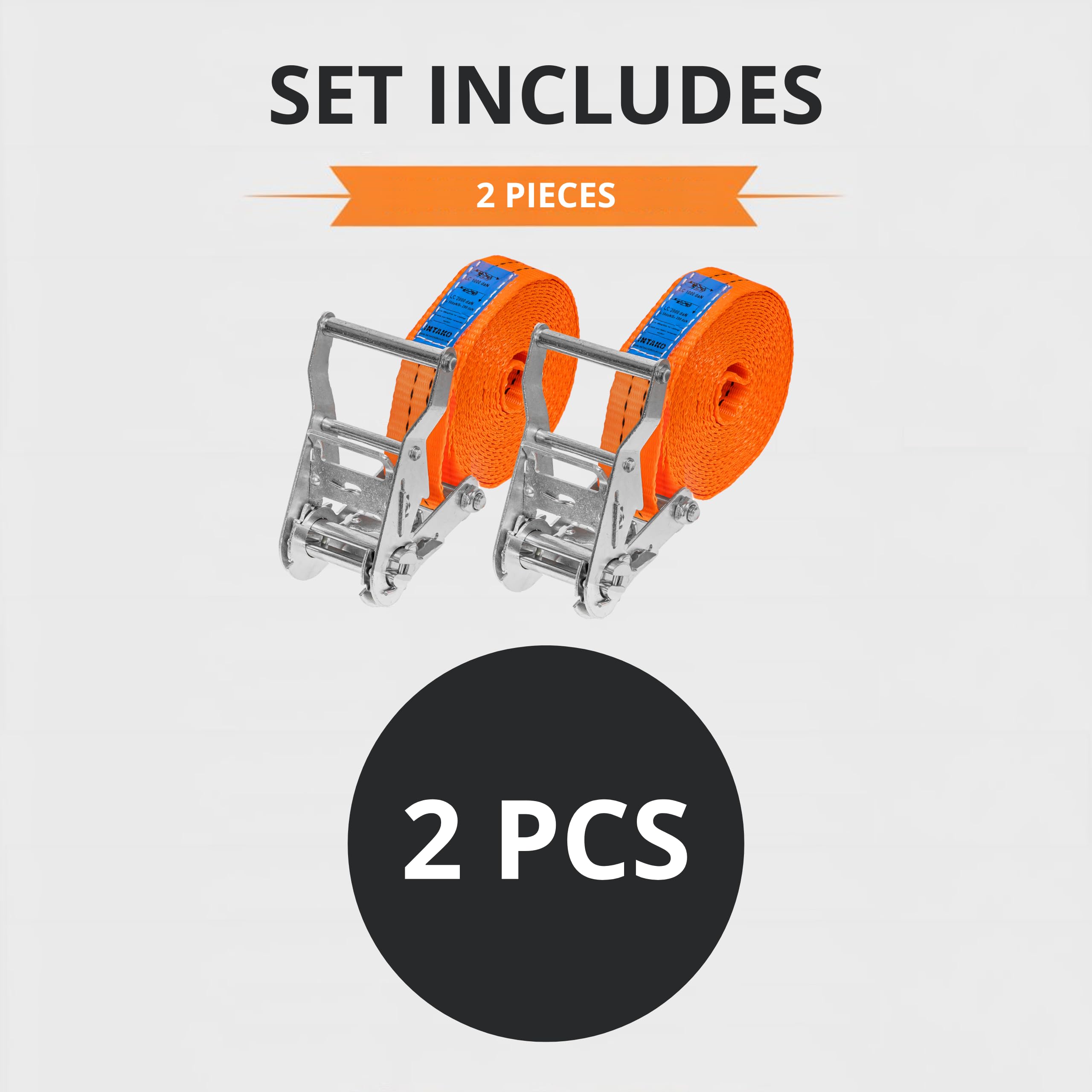 INTAKO Sangle à Cliquet 6m 35mm - Sangles d'arrimage avec Crochet de Sécurité 2000 kg - Sangle d'Arrimage avec Tendeur (Orange, 6m (Lot de 2))
