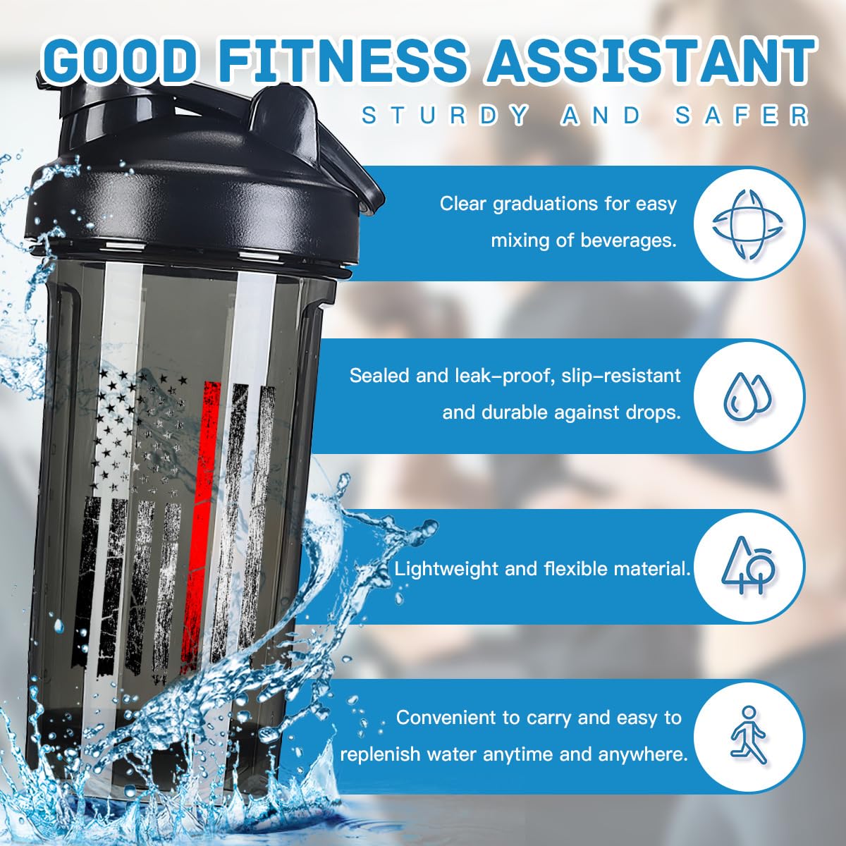 Firefighter Fireman Retired America Flag 2 18 Ounce Shaker Bottle Drink Mixer Leak-proof Pre Workout Protein Shakes Meal Replacement Shakes Bottles 500ML/18 Oz Black