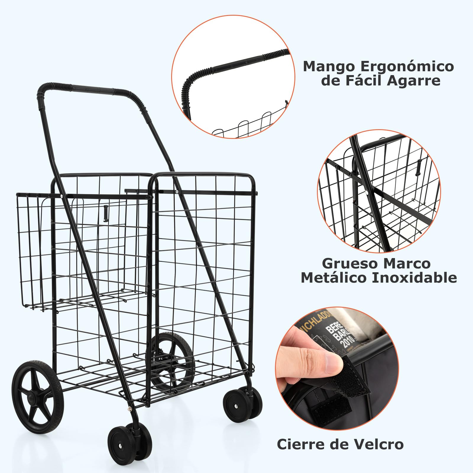 COSTWAYCarro Plegable con 2 Cestas, Compra 4 Cuedas, Forro Oxford Impermeable, 120 L, Metal, Asa Antideslizante, Soporta hasta 40 kg para Supermercado