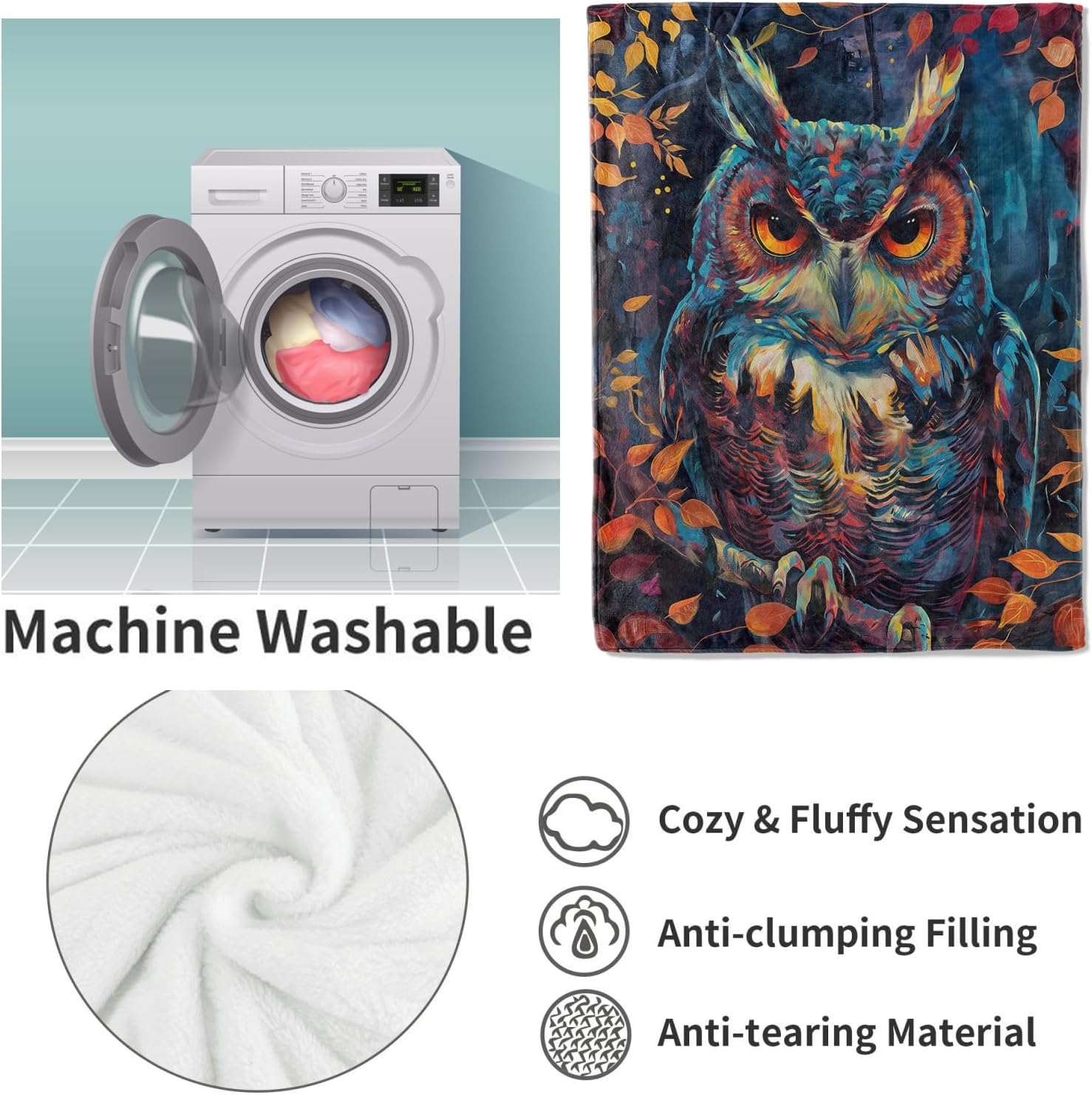 Autumn Owl Flannel Blanket,Vibrant Artistic Owl Portrait with Fall Leaves Soft Lightweight Throw Blankets Gifts for Women,50" x 60" Perfect for Couch Bed Home Travel Decor - Image 4