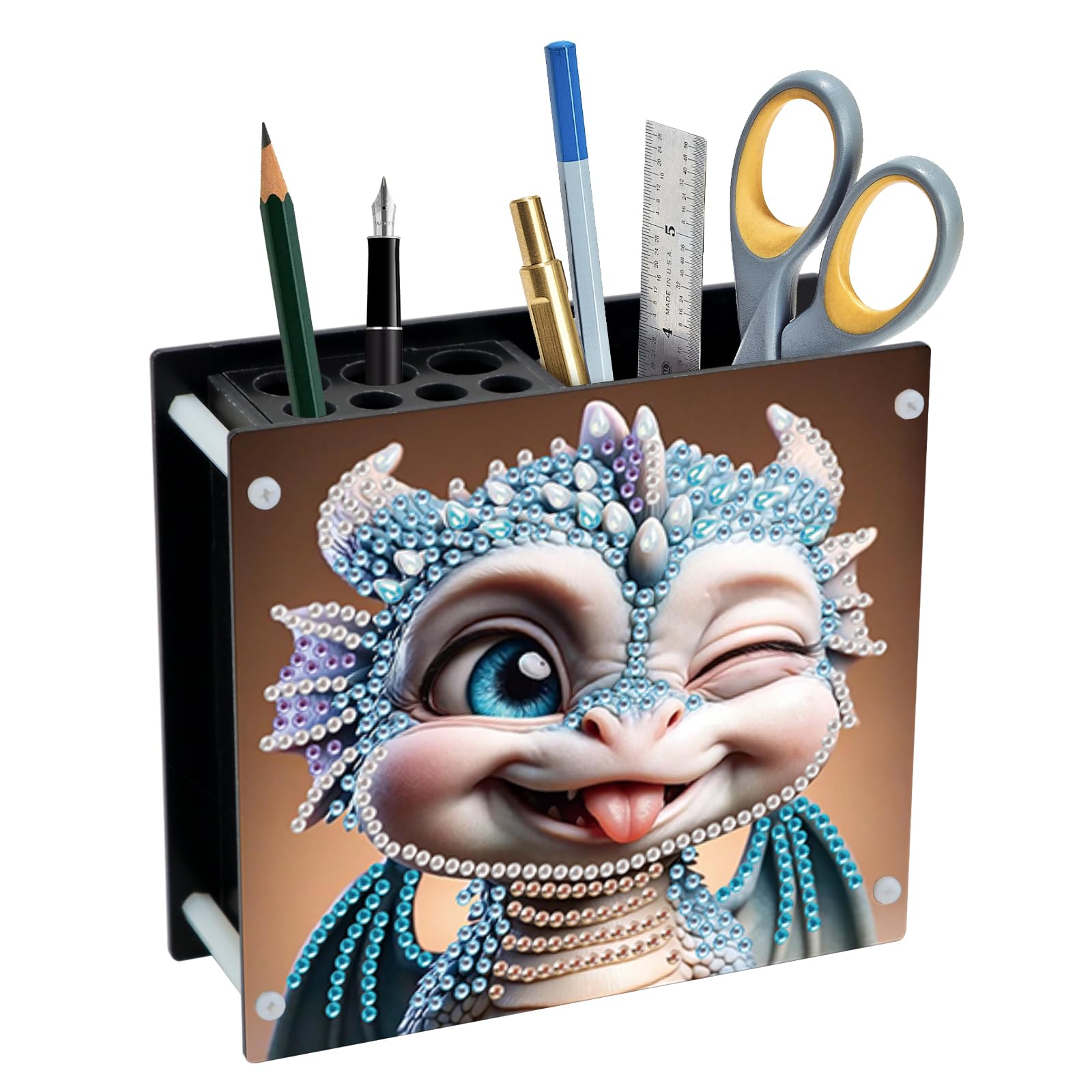 DIY 5D Diamond Painting Holder, Fantasy Dragon Acrylic Pen &amp; Makeup Organizer, Diamond Art Desk Pencil Cup and Storage for Adults, Home Office Art Supplies