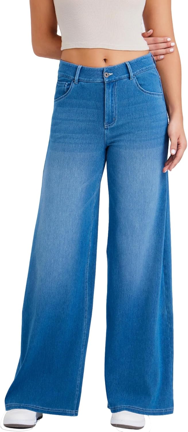 Wide Leg Jeans for Women with a Traditional Button and Zipper Placket Design,Straight Cut,High Elasticity Denim Pants