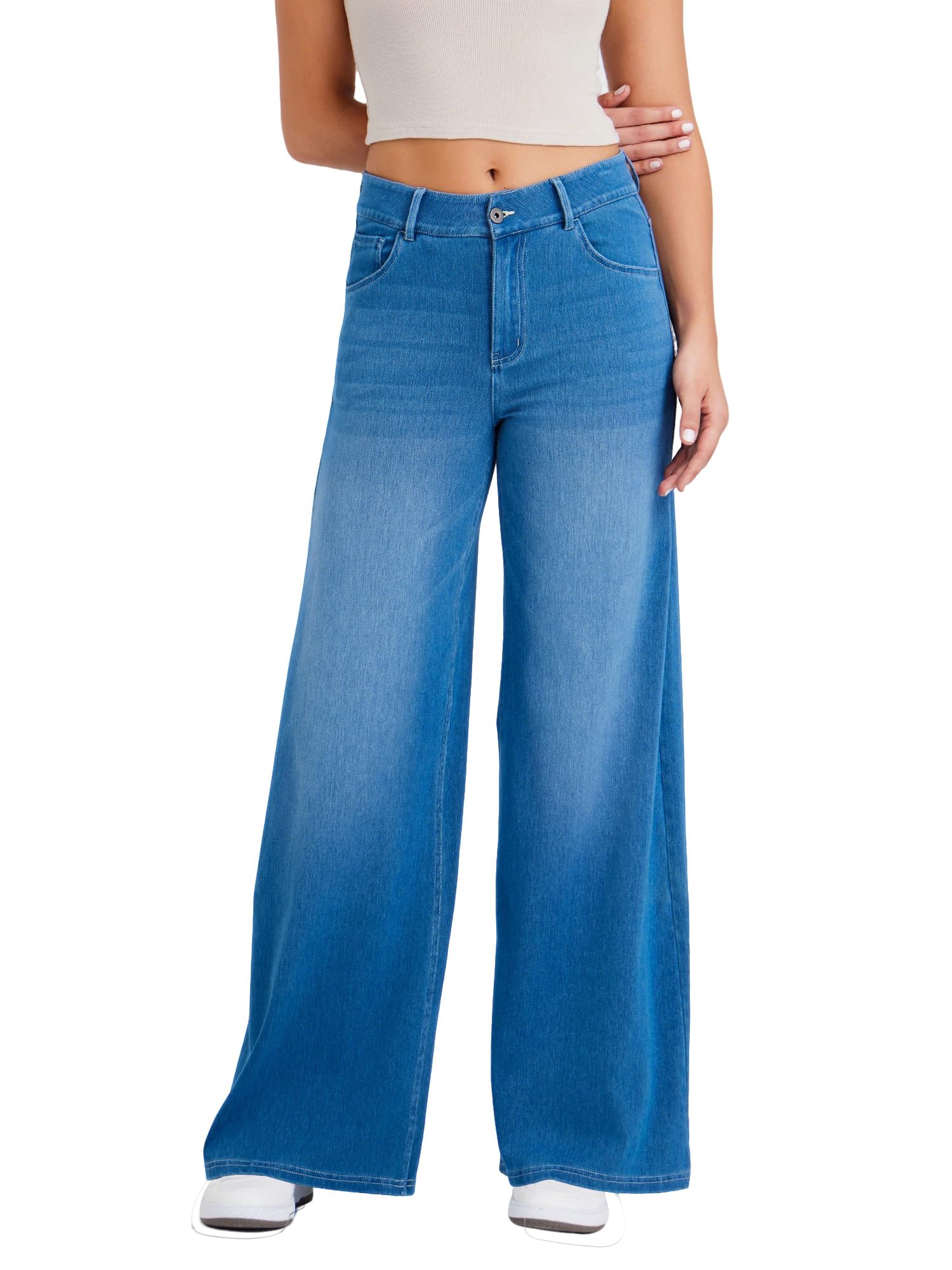 LaiEr Jeans à Jambe Large pour Femmes,avec Design Classique de Devant à Bouton et Fermeture éclair,Coupe Ample,Pantalon en Denim à Haute élasticité adapté
