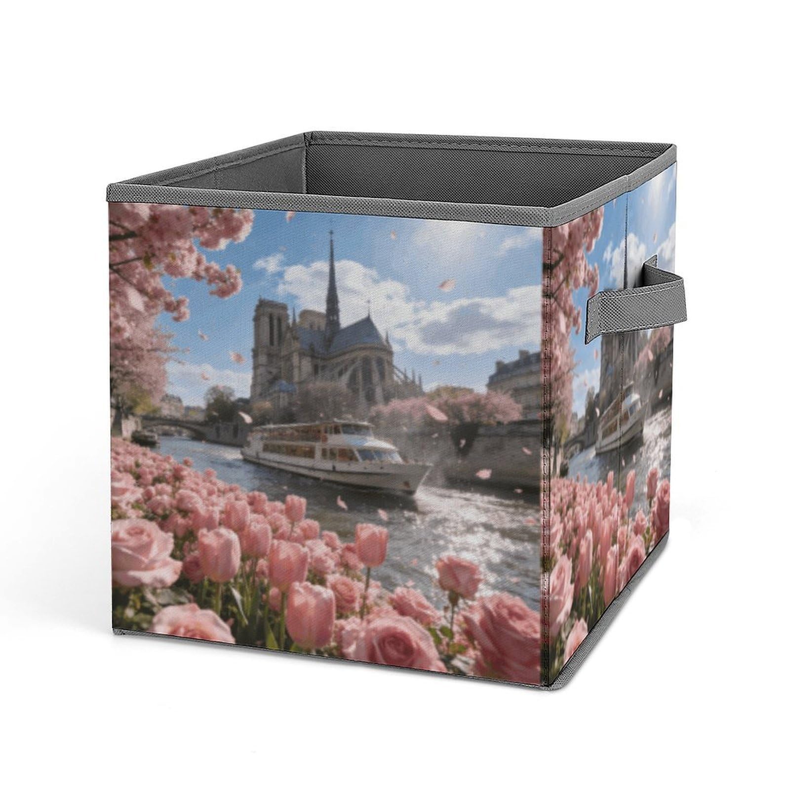 Pink Parisian Bloom Storage Baskets Collapsible, Exquisite Pattern Cube Box, Canvas Fabric Storage Bins with Handles, Clothe Organizer Box for Home Decorative Office Bedroom
