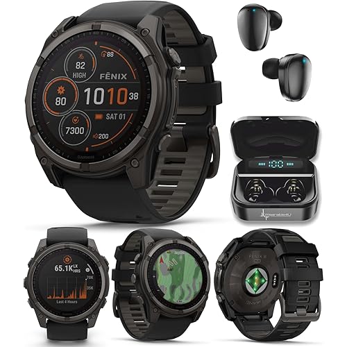 Wearable4U Garmin Fenix 8 – 51 mm, Solar, Sapphire, Carbon Gray DLC Titanium GPS Multisport Smartwatch with Black/Pebble Gray Silicone Black Earbuds Bundle