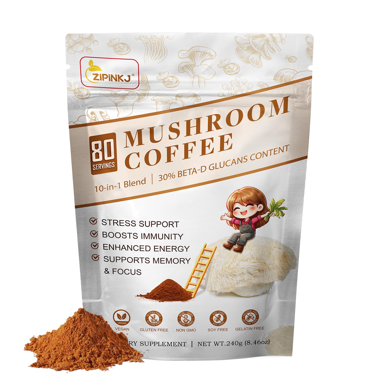 Organic 10-in-1 Mushroom Coffee Powder - Lion’s Mane, Chaga, Reishi Blend For Immune & Energy Support, 28oz