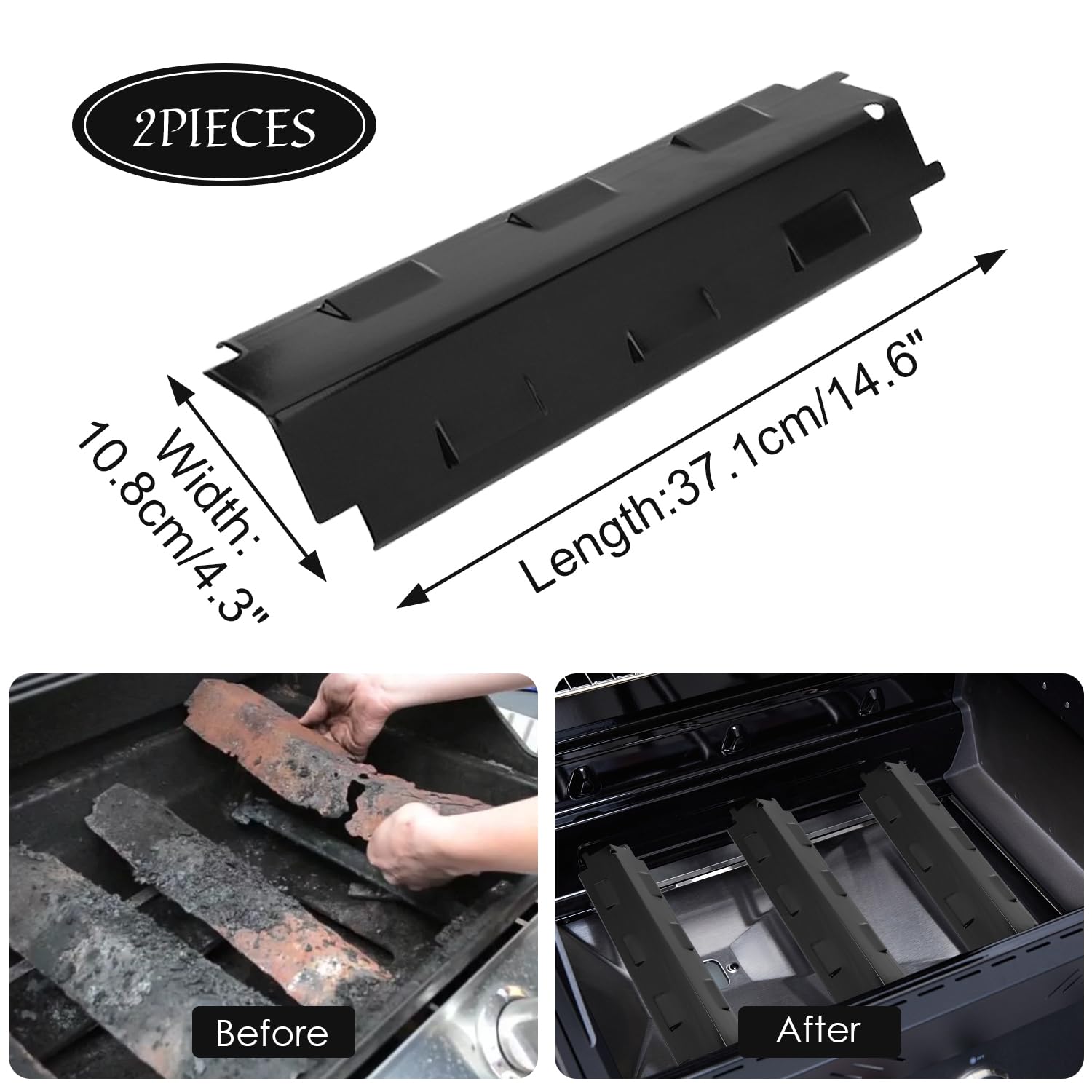 Tissting 2 Piezas de Placa de Calor para Parrilla 37.1 x 10.8 cm - Escudo Térmico de Acero Inoxidable para Quemadores, Repuesto para Barbacoas Charbroil