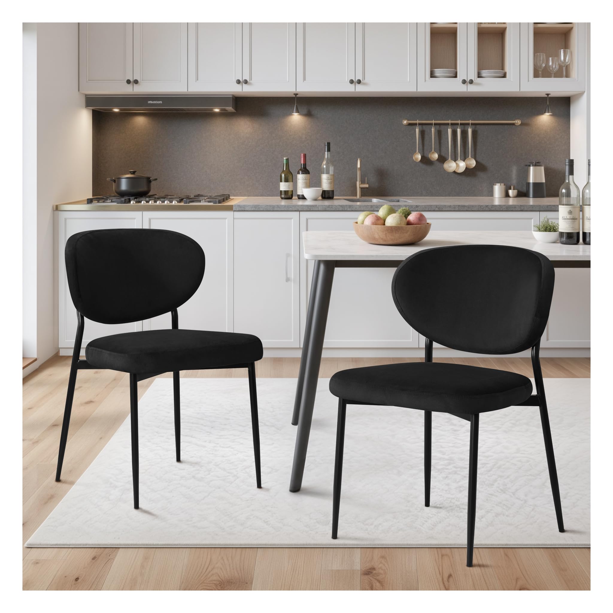 STOOLINK Black Dining Chairs Set of 2 Velvet Upholstered Dining Room Chairs Wide Seat Filled with 58D Memory Foam Modern Kitchen Chairs with Curved