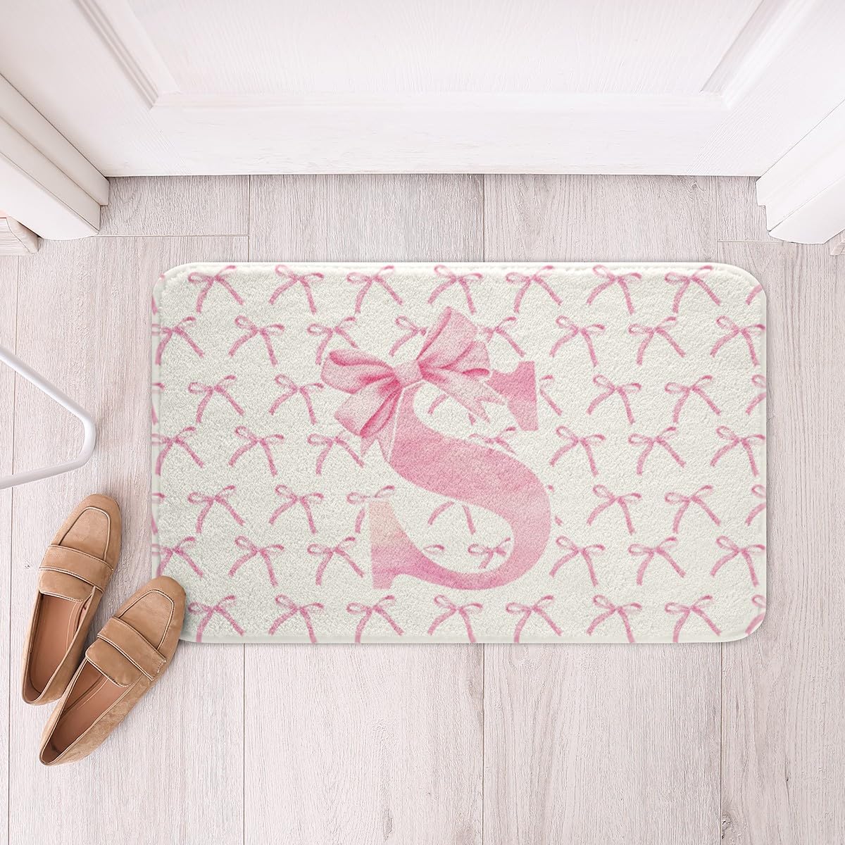 Cartoon Bowknot Kids Bath Mats,Pink Bow Tie Letter S Knot Princess Mats Rugs for Girls Women,Watercolor Bow Patchwork Bath Carpets,Pink White Bath