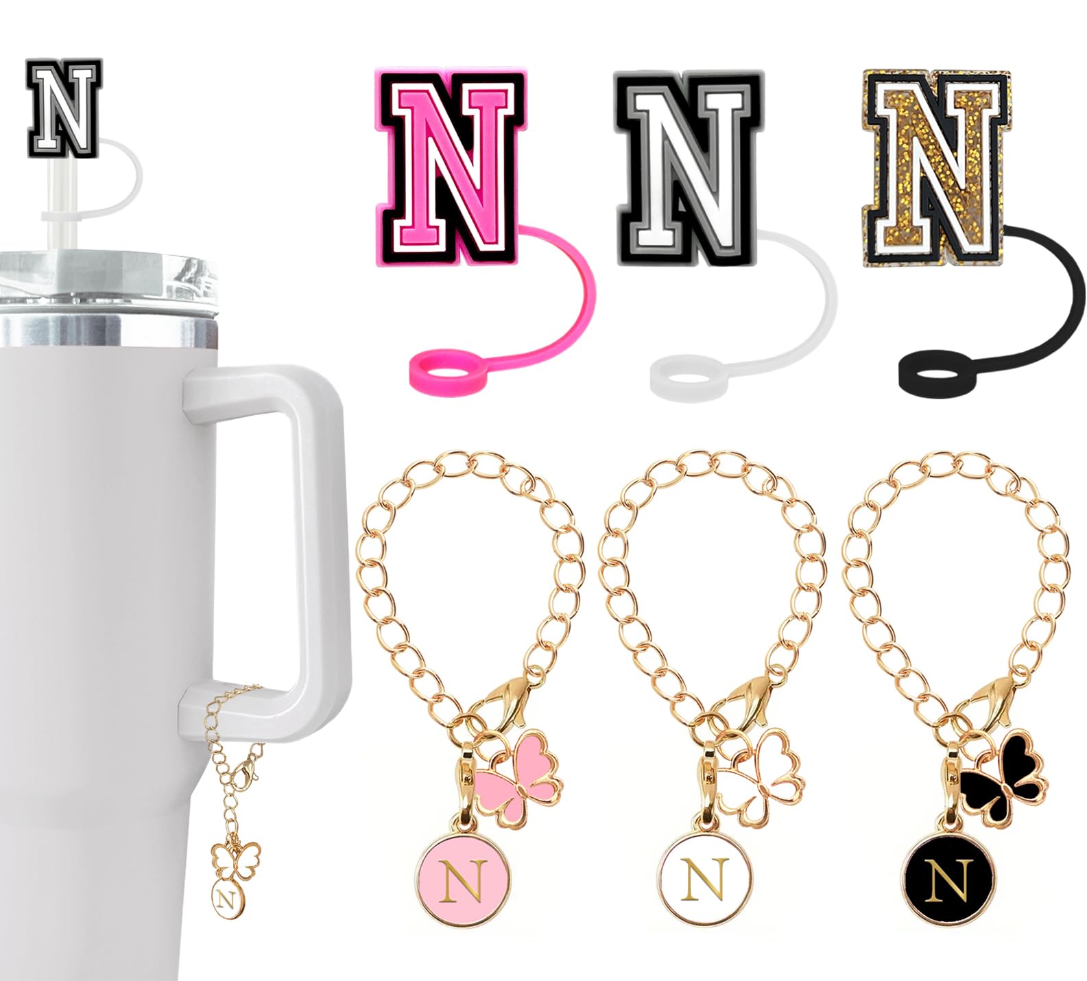 （3 +3) Nuozme Straw Cover Compatible with Stanley Tumbler Cup 3PCS Letter Straw Caps Toppers with 3 Initial Butterfly Charms Name ID For Stanley 30&40