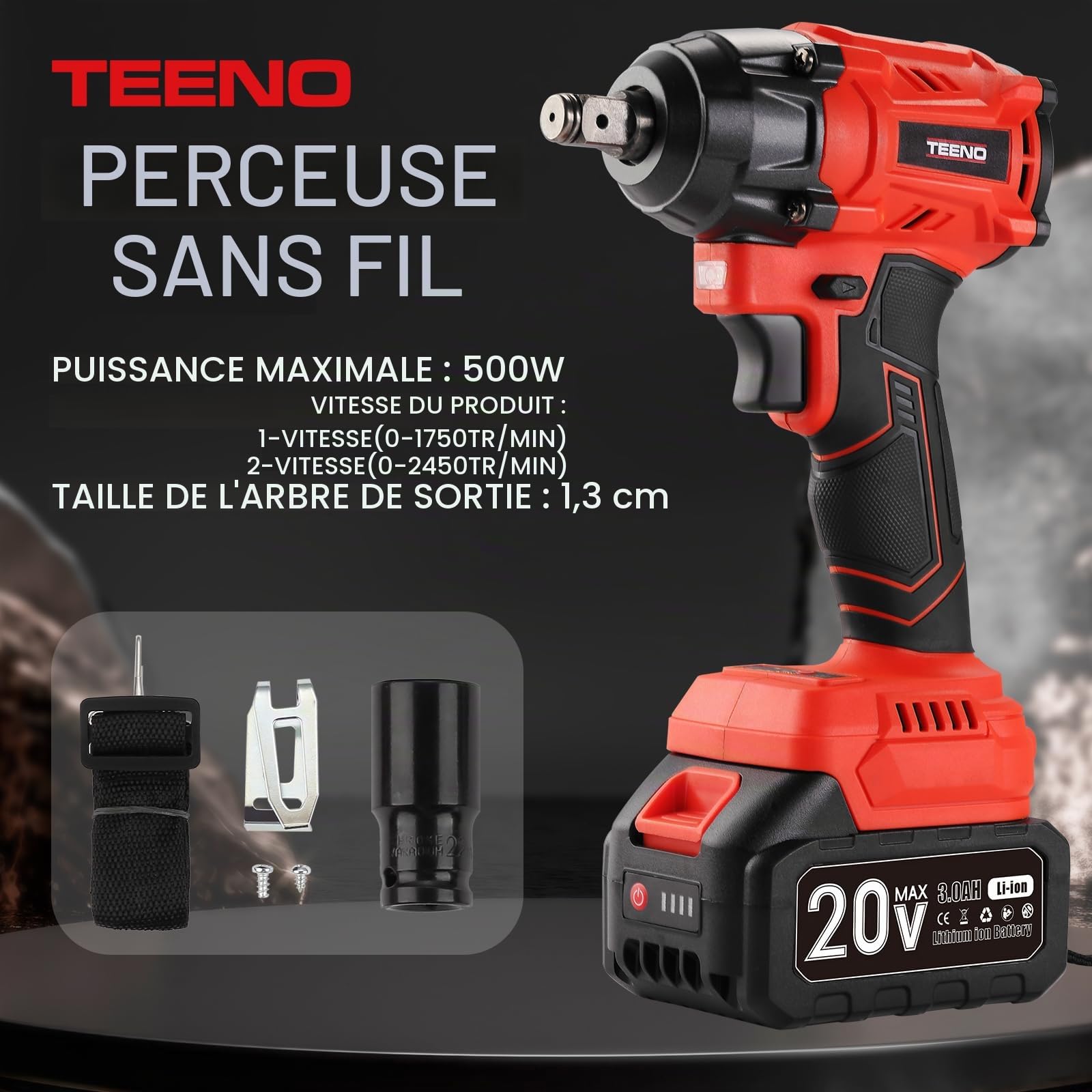 TEENO Kit 3 outils 20V Clé à chocs sans fil sans balais, Perceuse à Chocs, Meuleuse d'angle sans balais, Batteries 2x 3,0 Ah