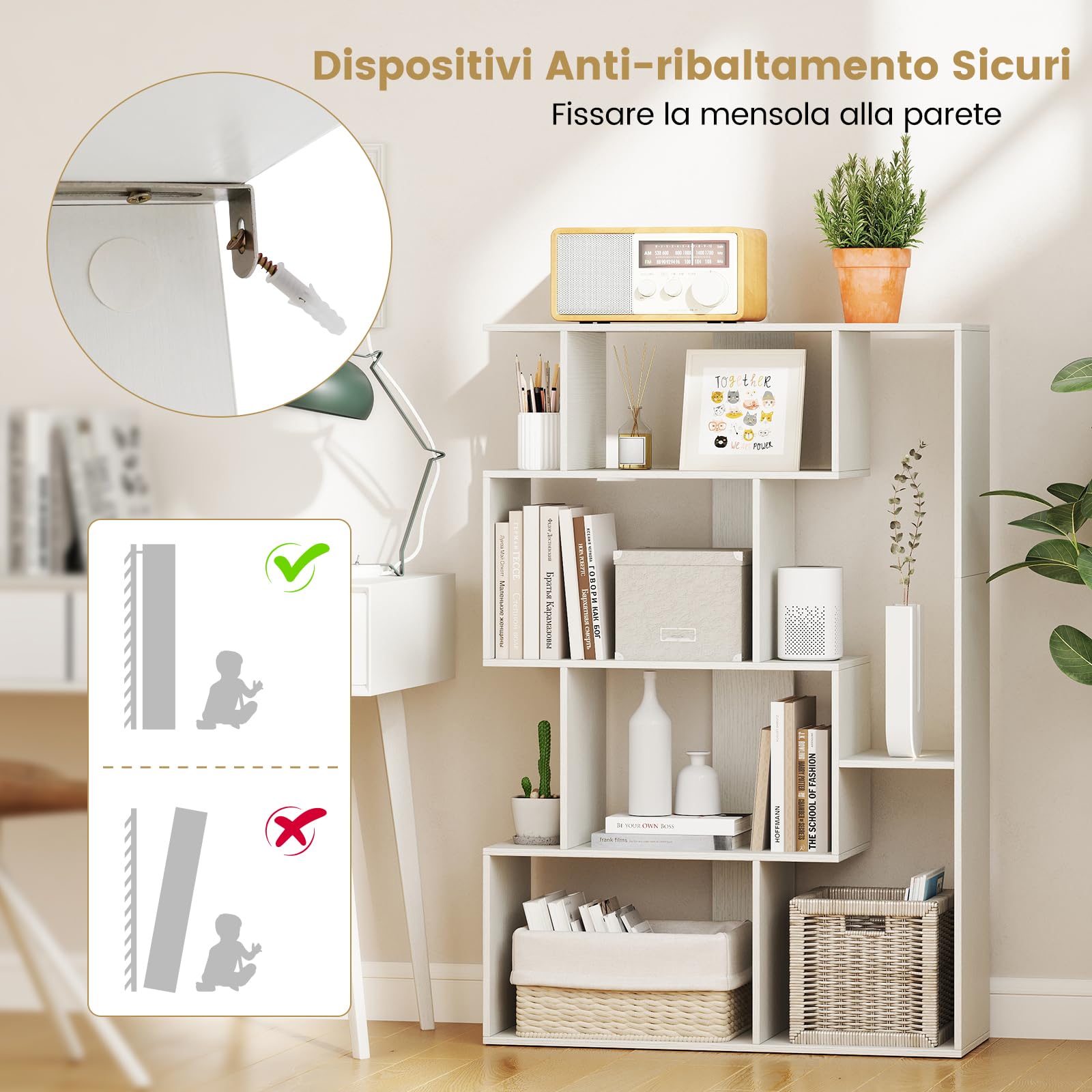 COSTWAY Libreria Geometrica Aperta, Scaffale a 6 Cubi con Kit Anti-Ribaltamento, Mensola Espositiva per Camera da Letto Studio Soggiorno, 80 x 30 x 119 cm (Bianco)