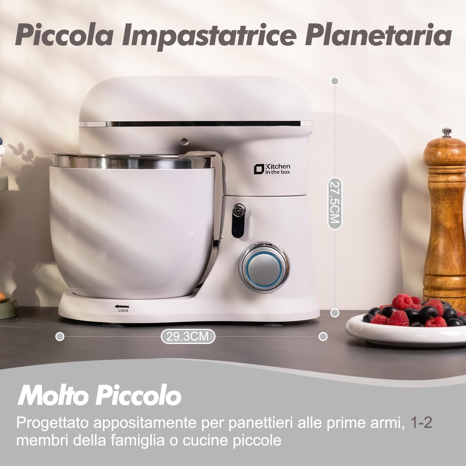 Kitchen in the box Impastatrice Planetaria, 2 Ciotole 3.5L Piccolo Planetaria Professionale, 10 Velocità Impastatrice Pizza con Uncino Impastatore, Mescolatore, Frusta Sbattitric (Bianco Ghiaccio)